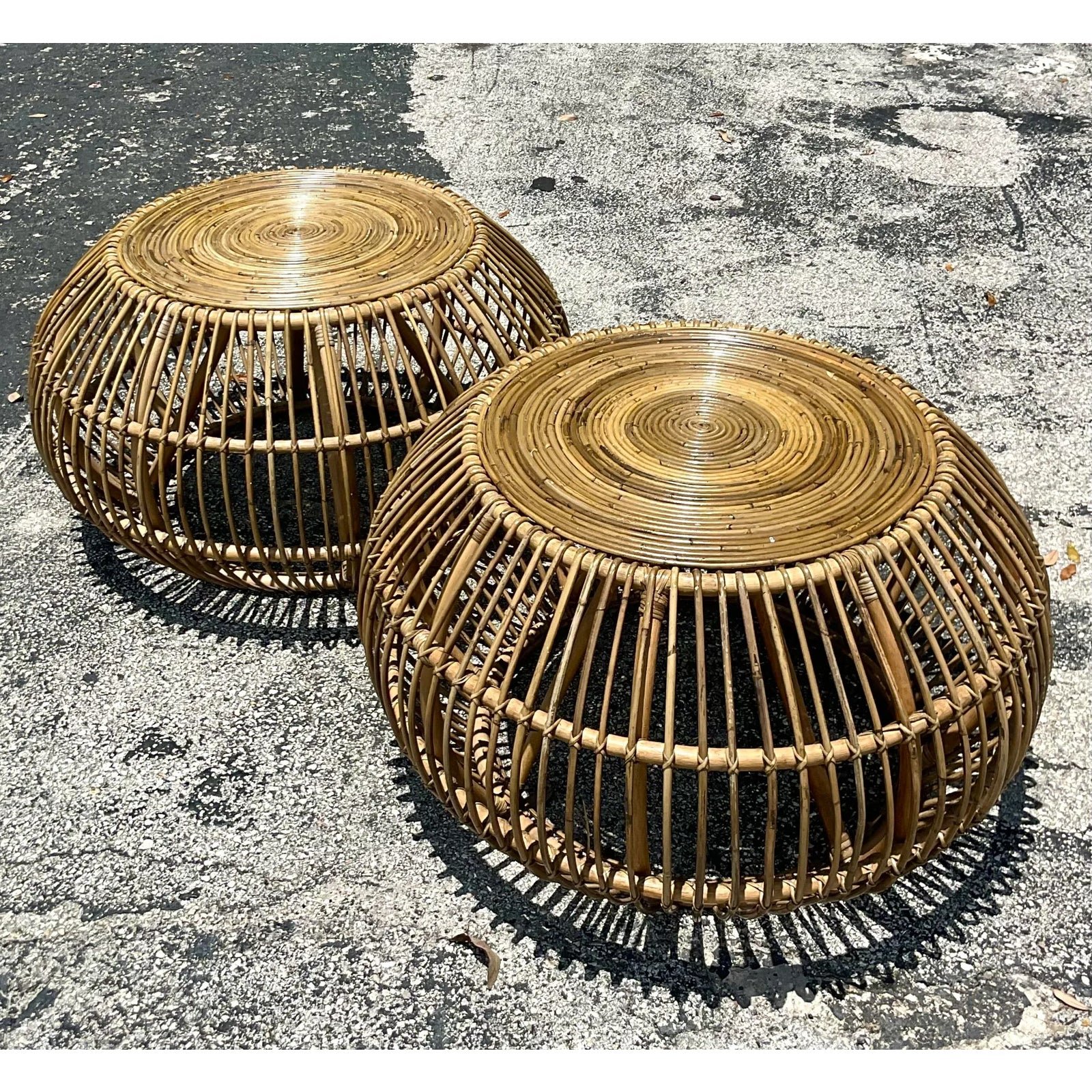 Late 20th Century Vintage Coastal Bent Rattan Side Tables After Albini - a Pair - Detail view