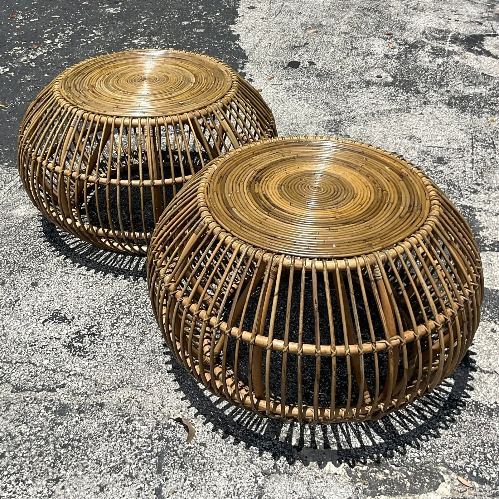 Late 20th Century Vintage Coastal Bent Rattan Side Tables After Albini - a Pair - Side view