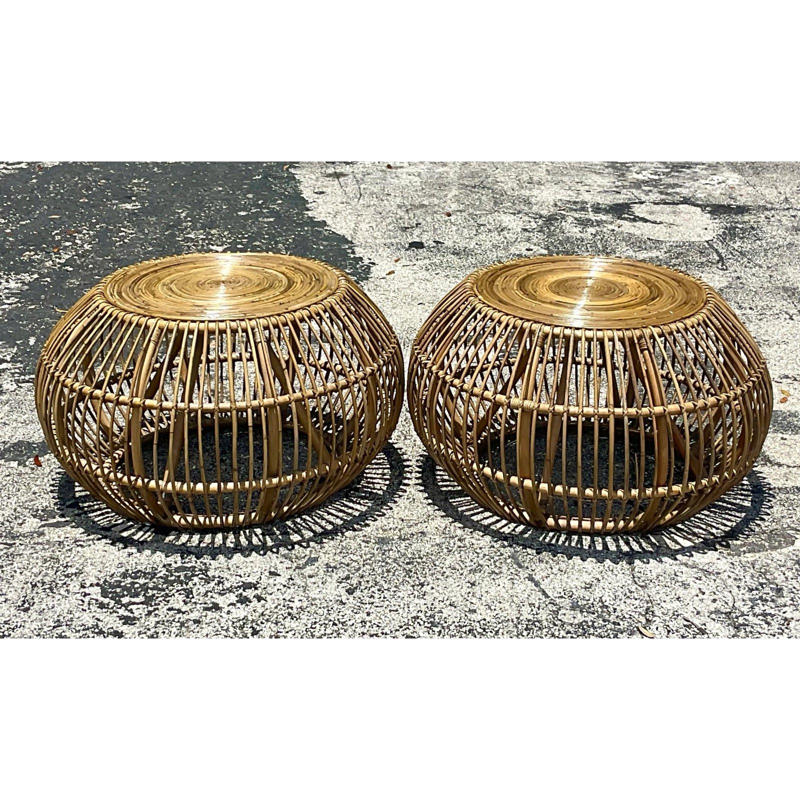 Late 20th Century Vintage Coastal Bent Rattan Side Tables After Albini - a Pair - Back view