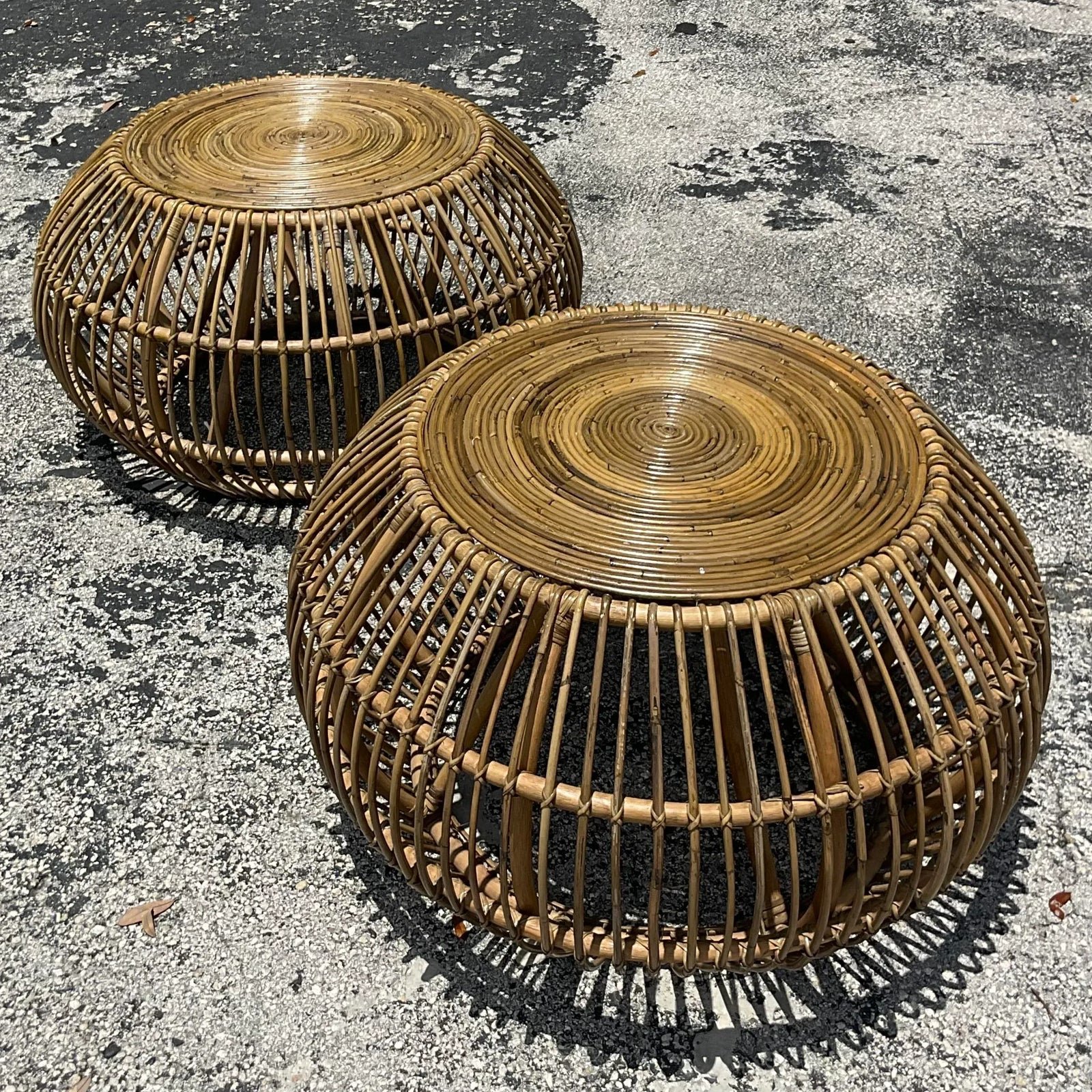 Late 20th Century Vintage Coastal Bent Rattan Side Tables After Albini - a Pair - Top view