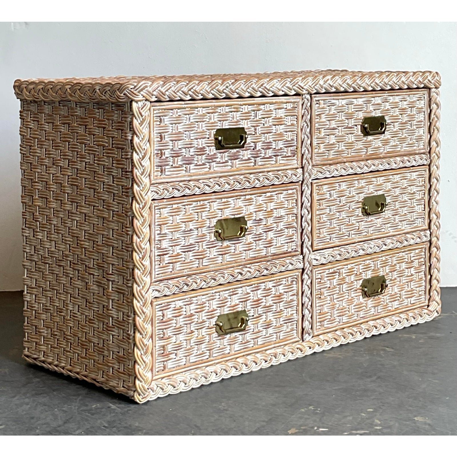 Vintage Braided Washed Rattan Dresser - Detail view