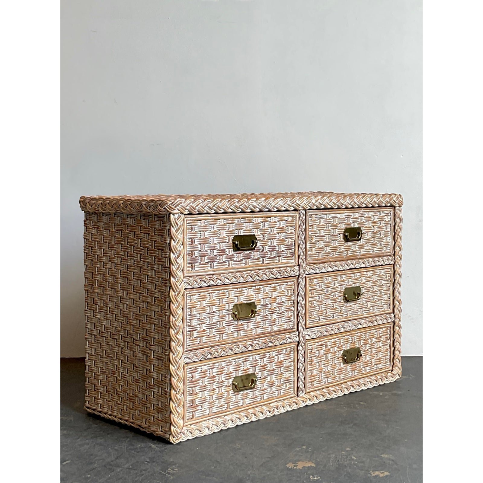 Vintage Braided Washed Rattan Dresser - Top view