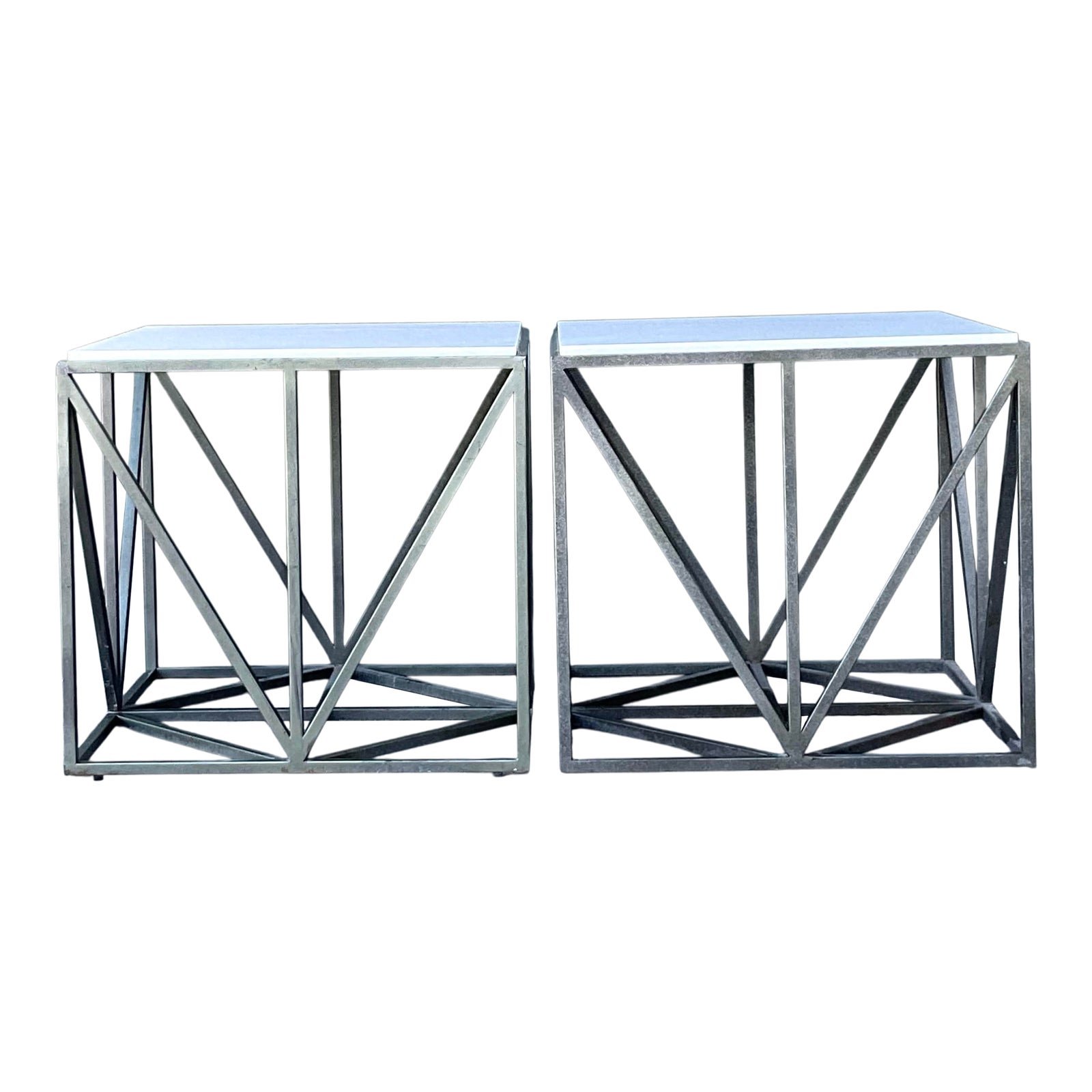 Vintage Marble Top Aluminum Side Tables - A Pair