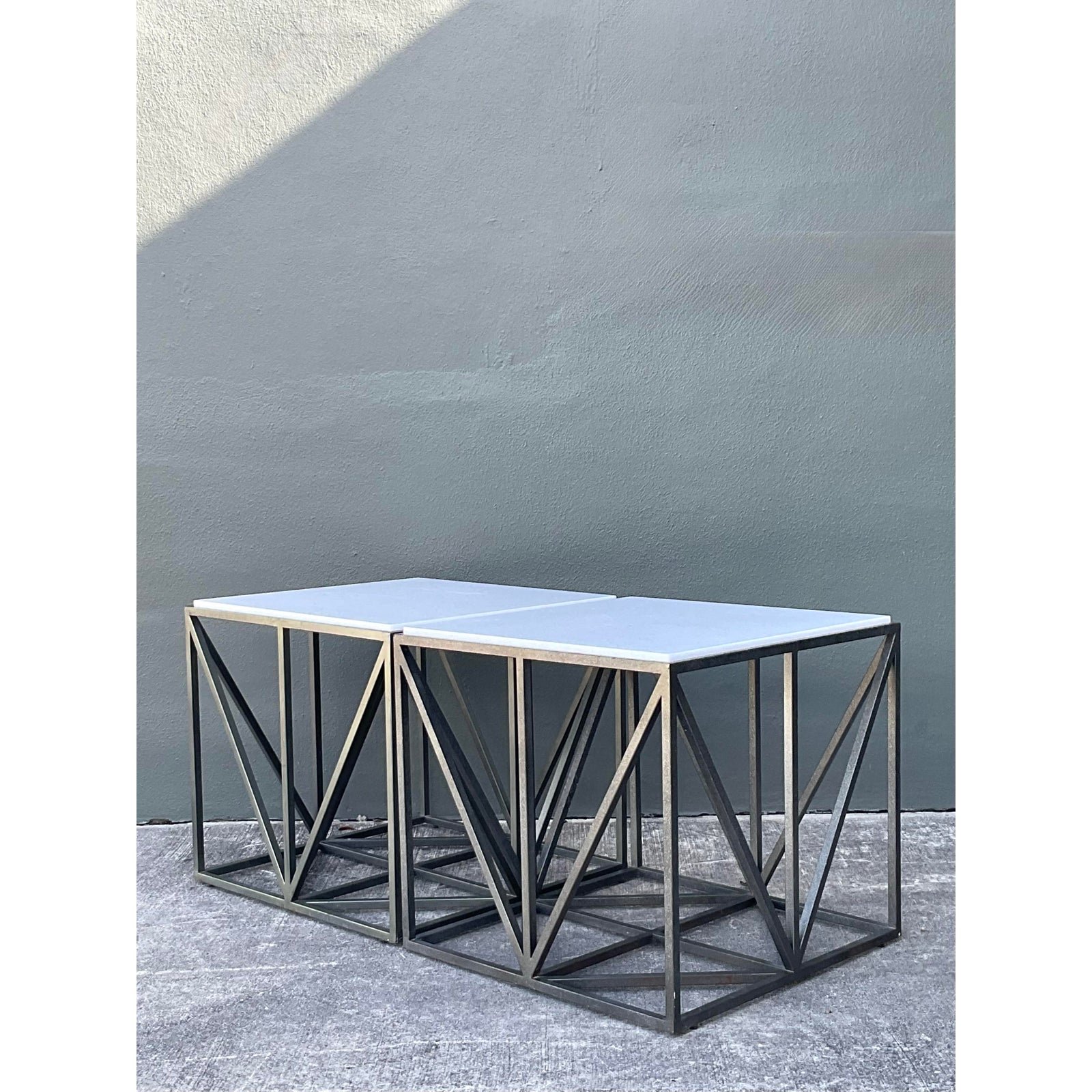 Vintage Marble Top Aluminum Side Tables - A Pair - Side view