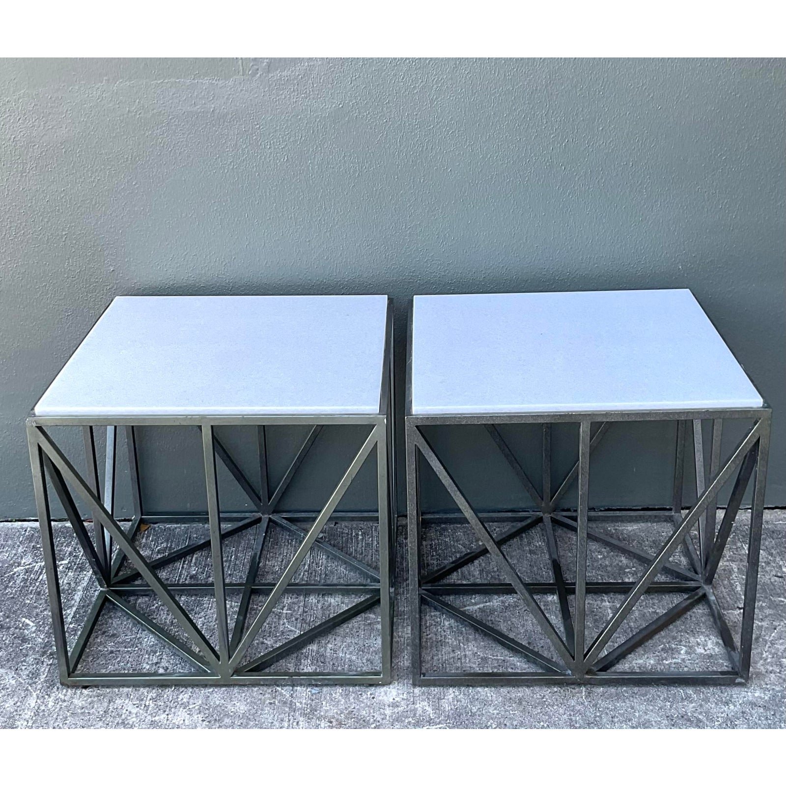 Vintage Marble Top Aluminum Side Tables - A Pair - Back view