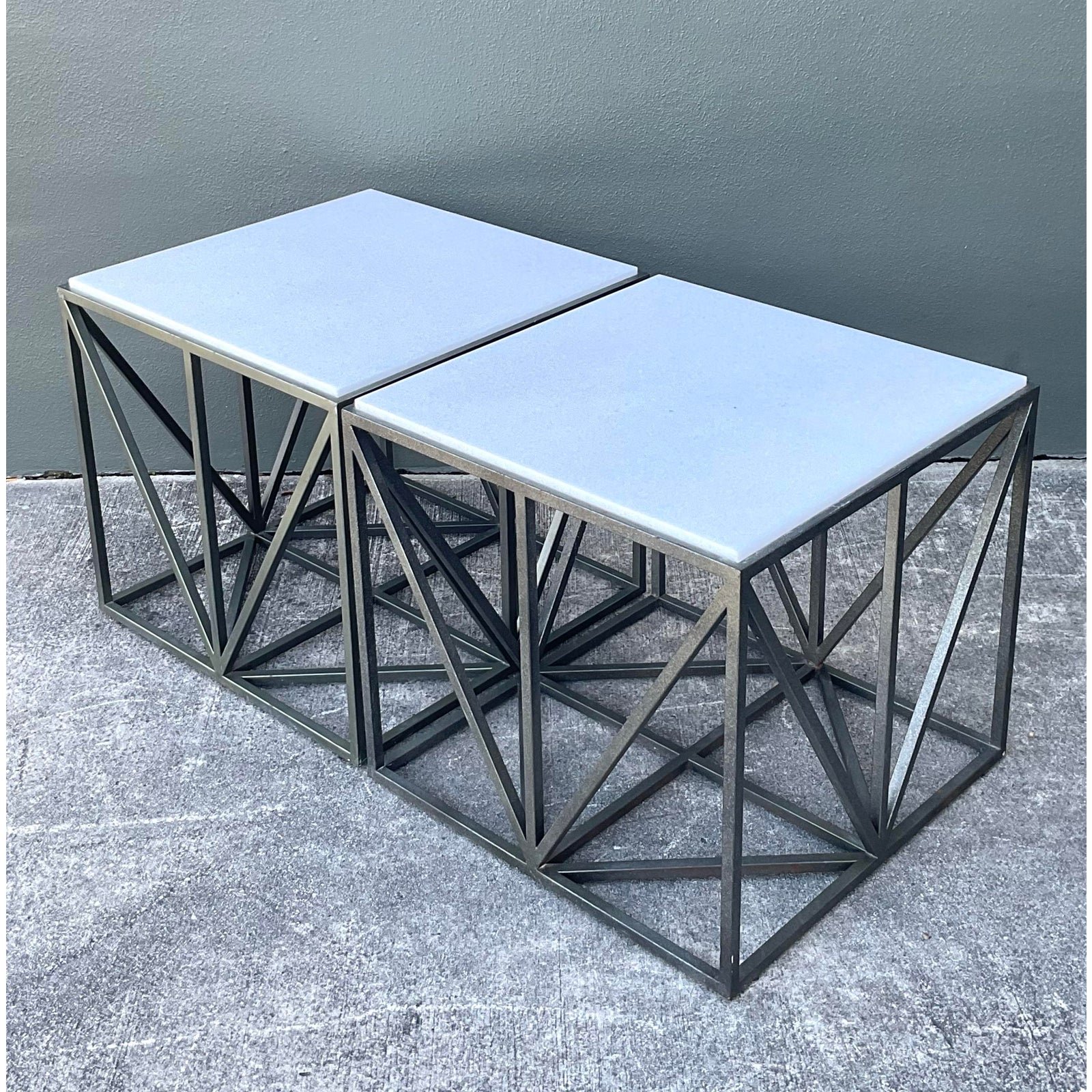 Vintage Marble Top Aluminum Side Tables - A Pair - Top view
