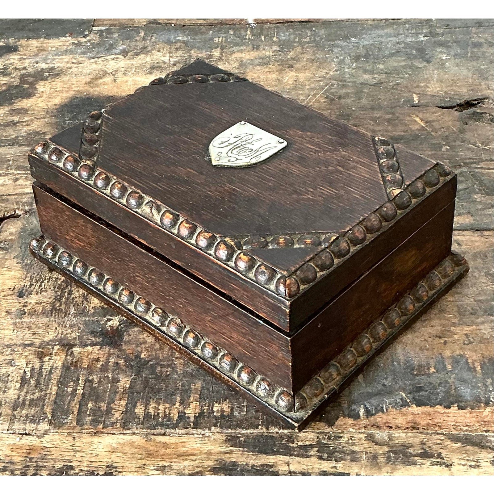 Vintage Monogrammed Carved Bead Trim Box - Side view