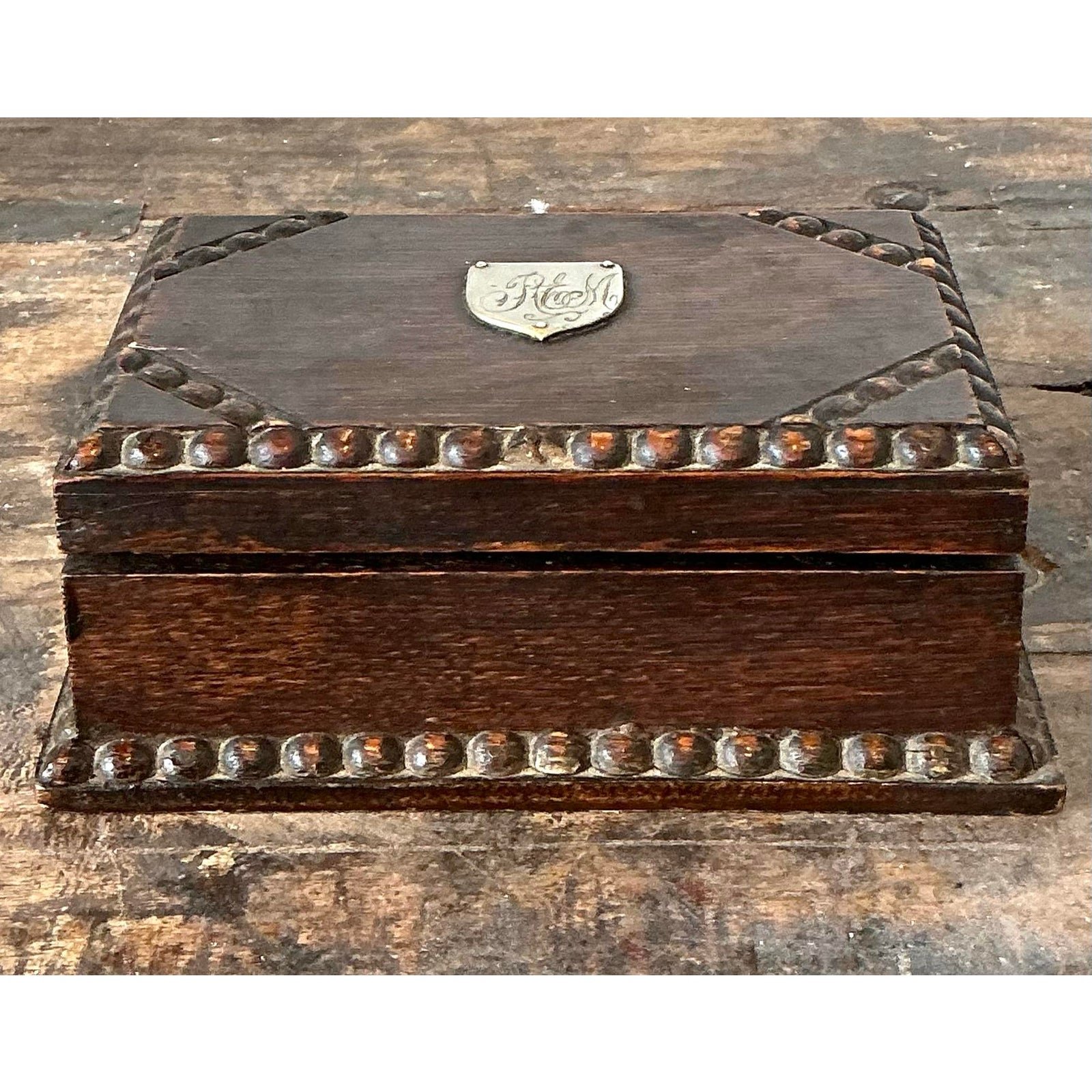 Vintage Monogrammed Carved Bead Trim Box - Back view