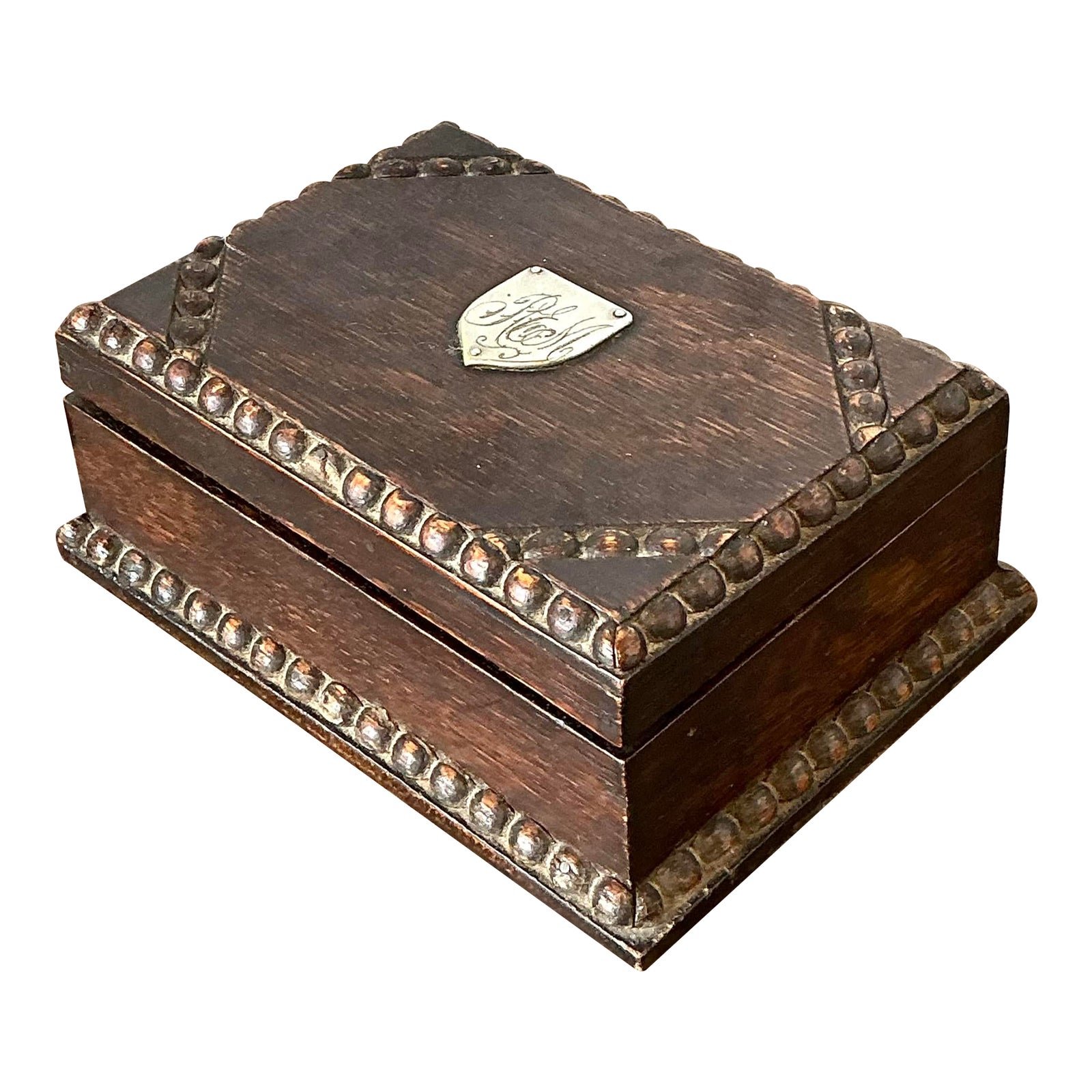 Vintage Monogrammed Carved Bead Trim Box