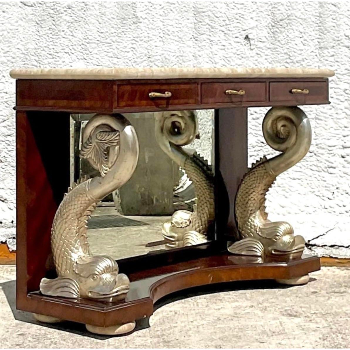 Vintage Maitland Smith Silver Koi Console Table - Back view