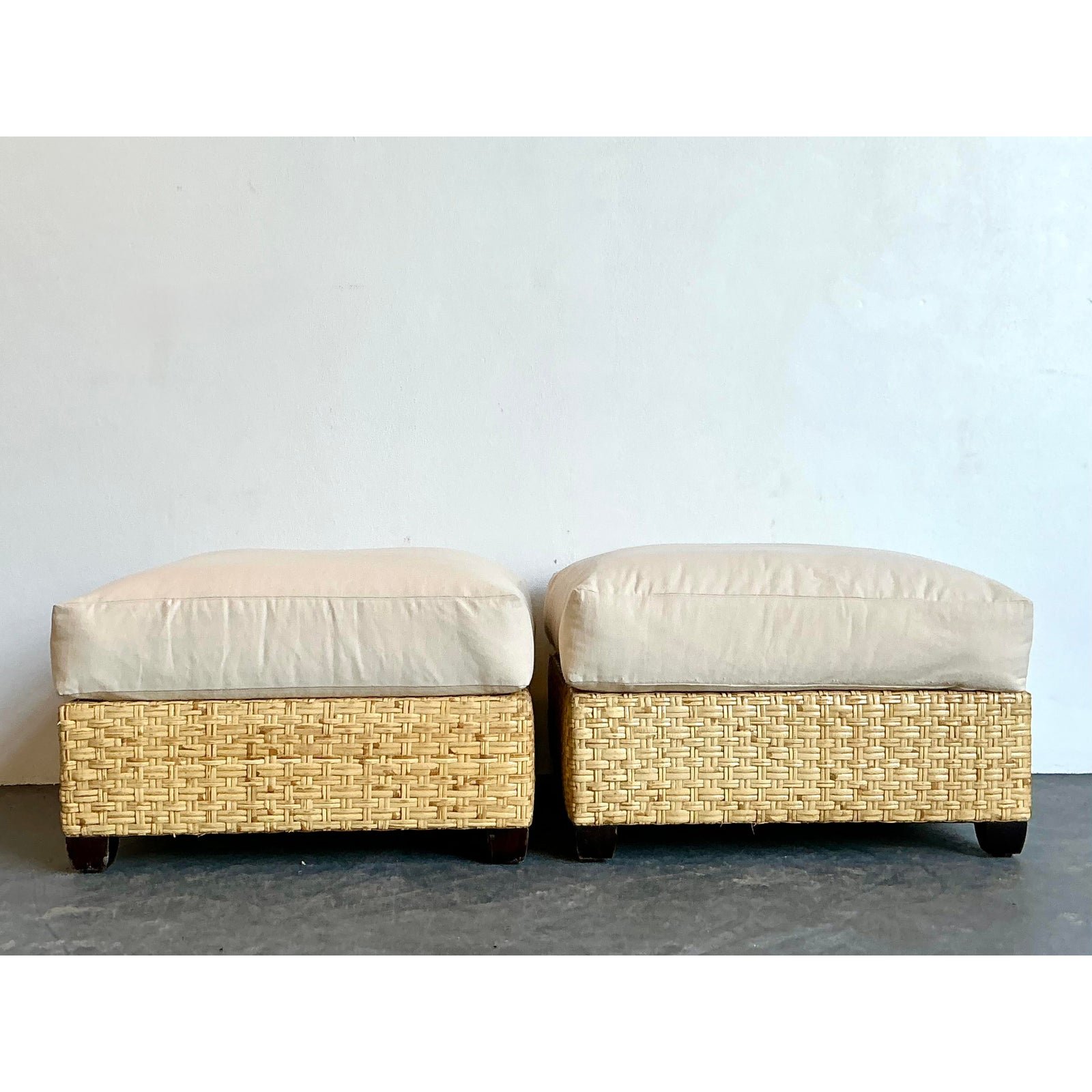 Vintage McGuire Woven Rattan Ottomans - A Pair - Back view