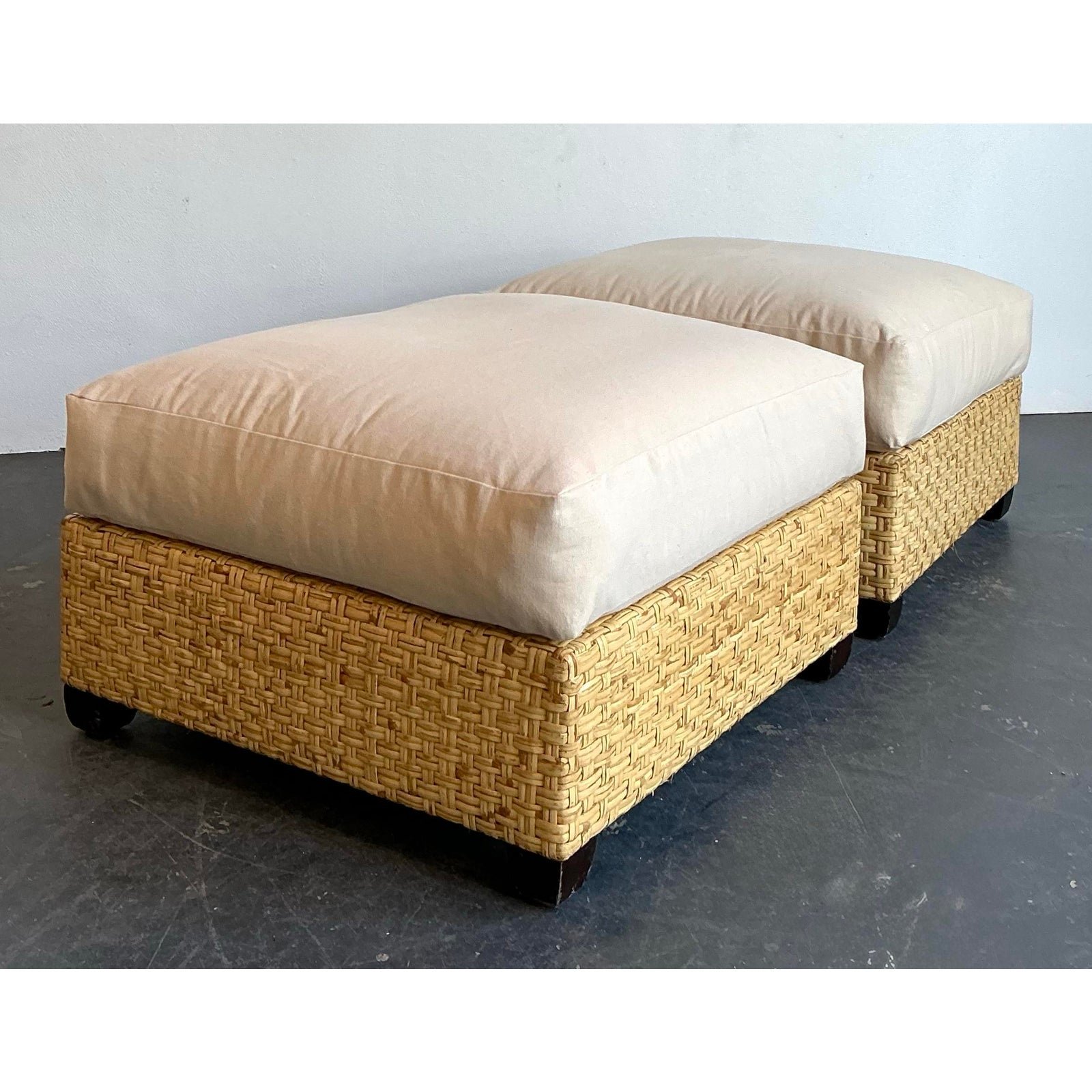 Vintage McGuire Woven Rattan Ottomans - A Pair - Top view
