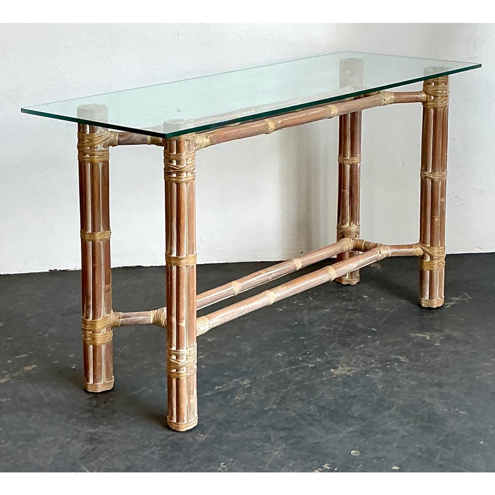 Vintage Bundled Rattan Console Table After McGuire - Detail view