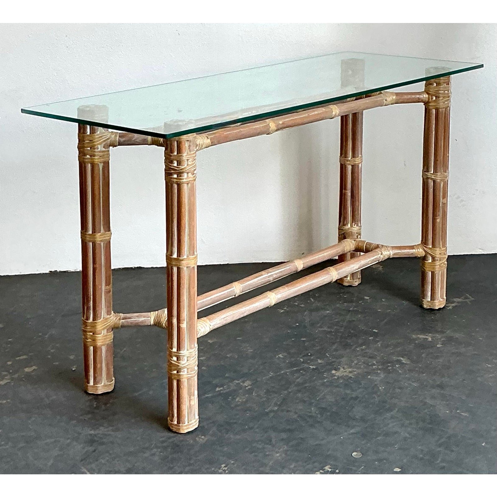 Vintage Bundled Rattan Console Table After McGuire - Top view