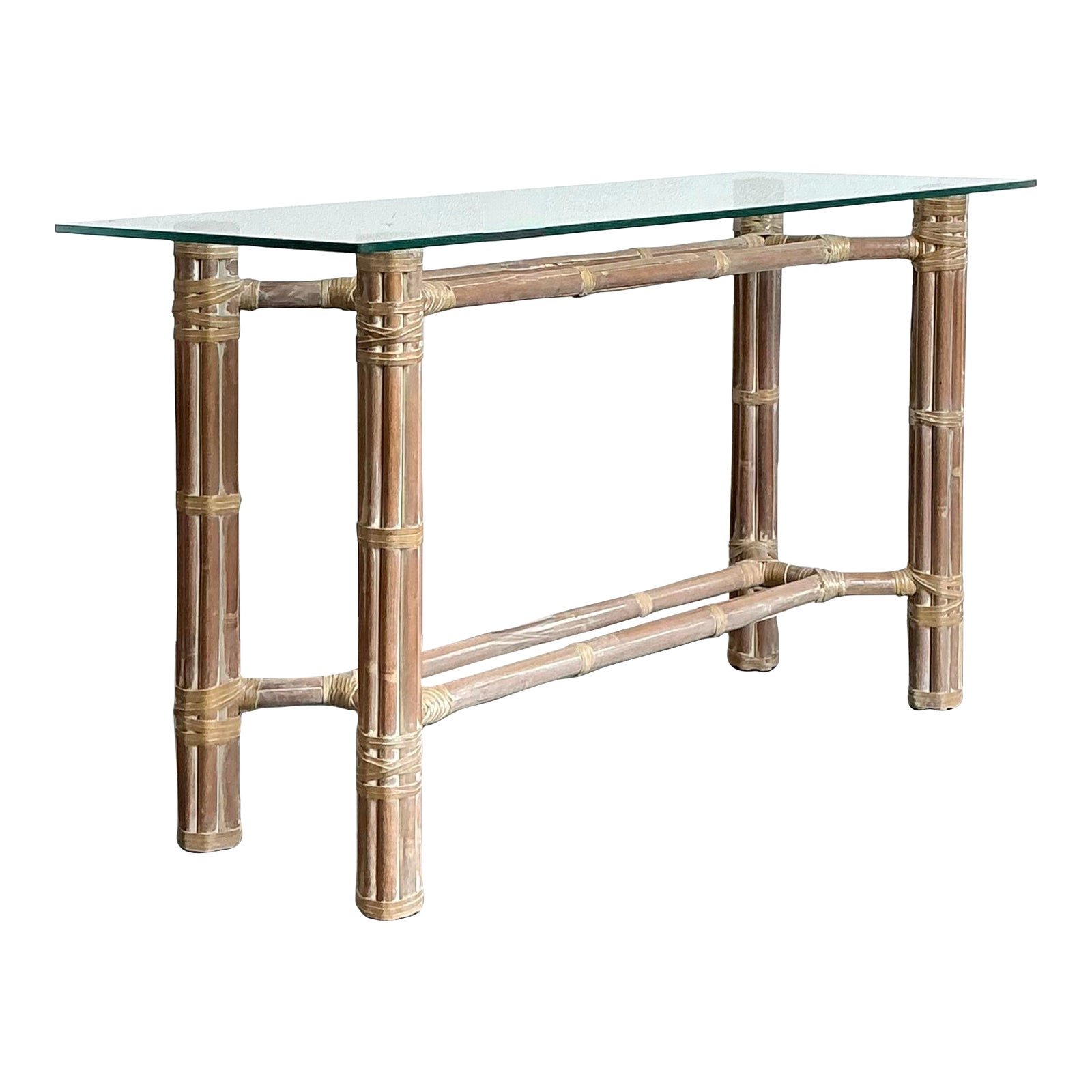 Vintage Bundled Rattan Console Table After McGuire