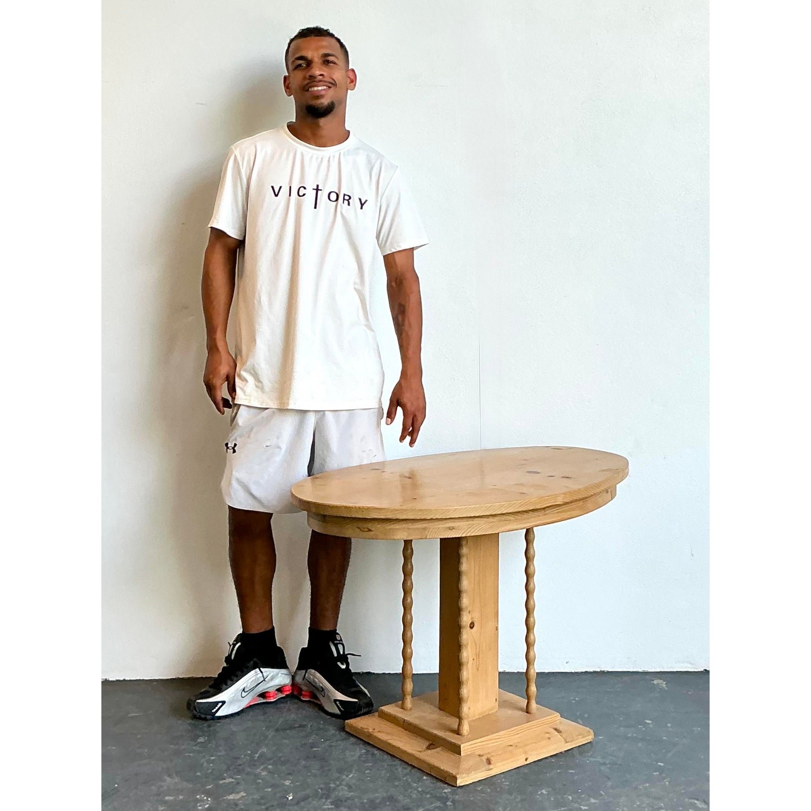 Vintage Knotty Pine Turned Wood Side Table - Top view