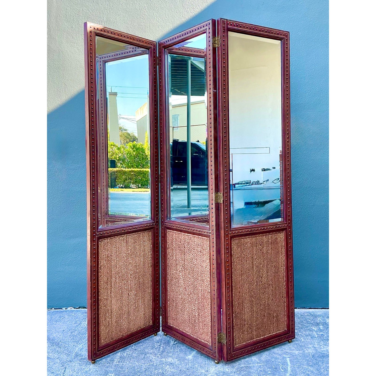 Vintage Maitland Smith Nailhead Leather Screen - Back view