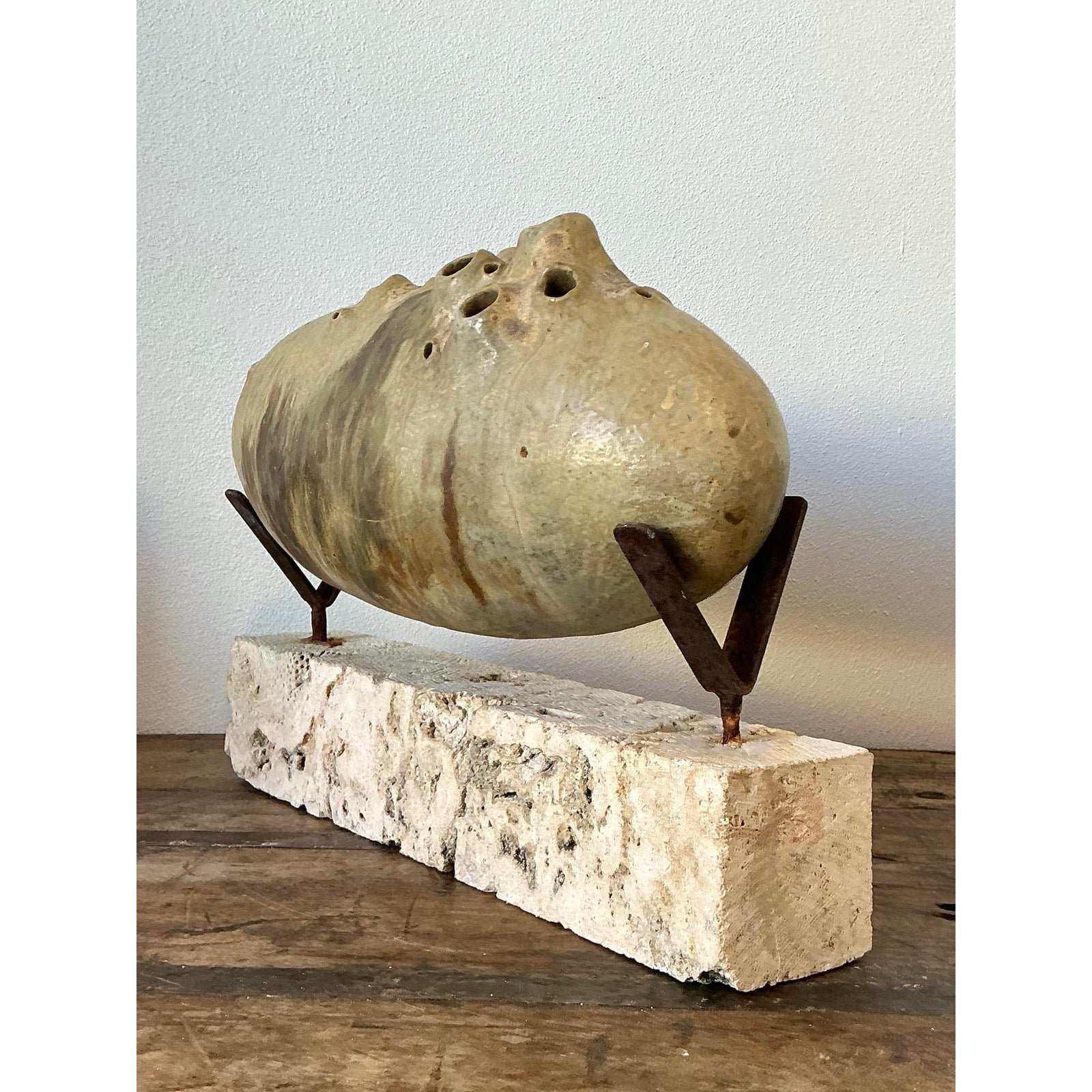 Vintage Original Abstract Studio Pottery Sculpture on Coquina Block Plinth - Top view