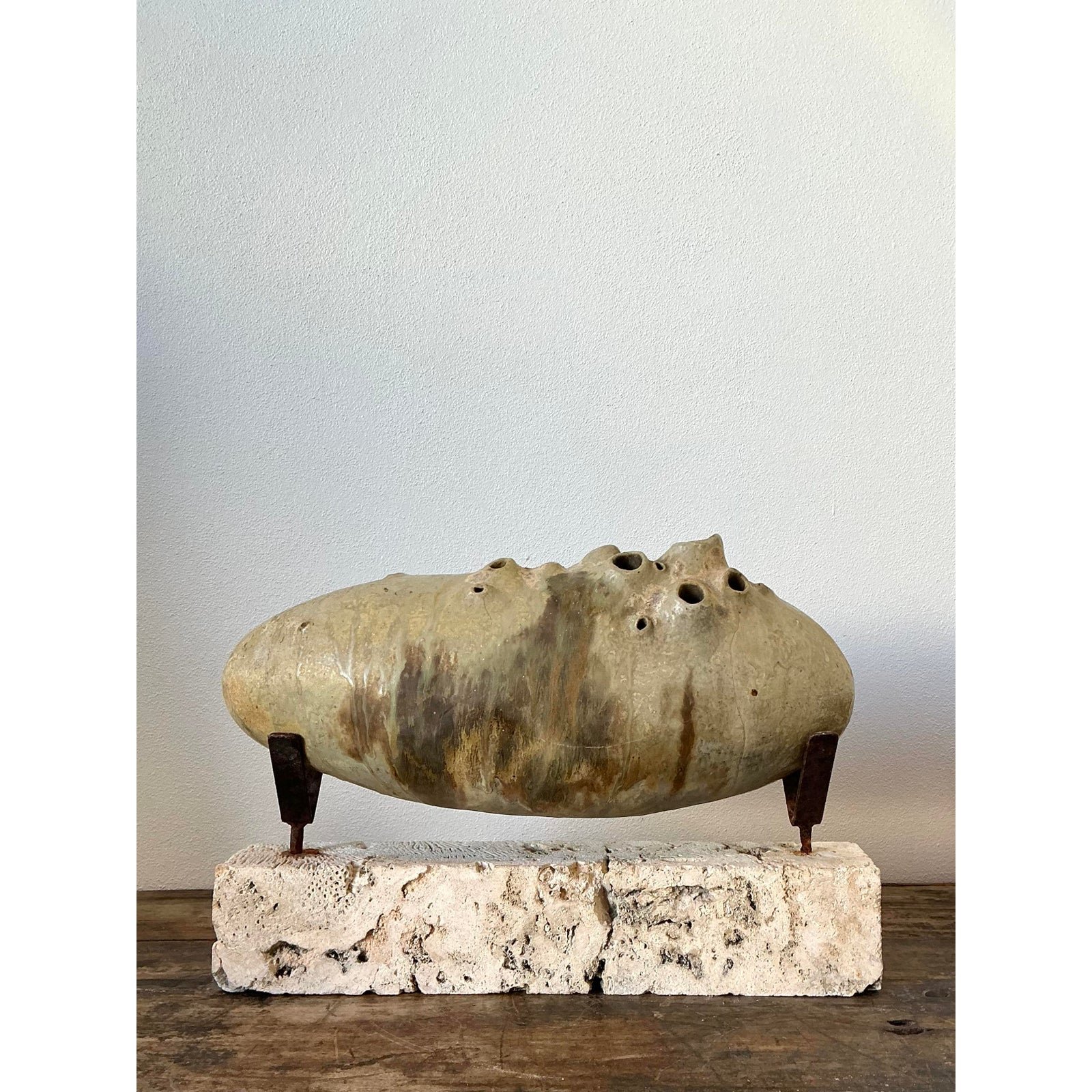 Vintage Original Abstract Studio Pottery Sculpture on Coquina Block Plinth - Back view
