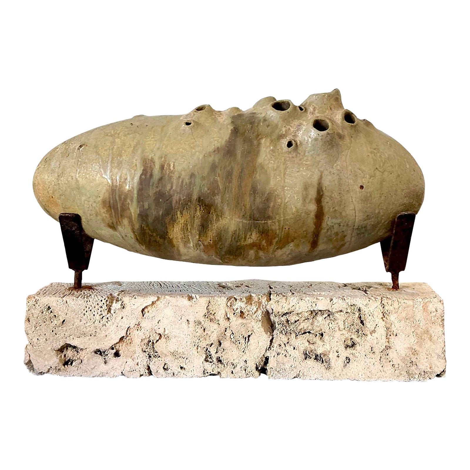 Vintage Original Abstract Studio Pottery Sculpture on Coquina Block Plinth