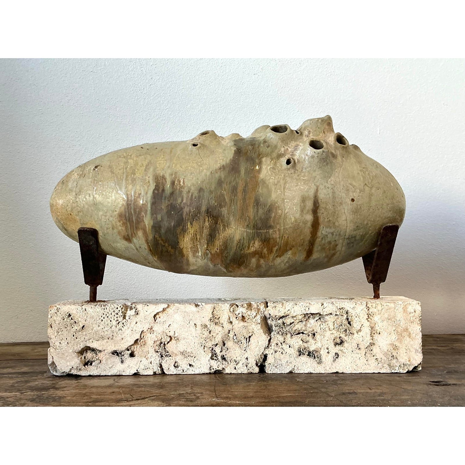 Vintage Original Abstract Studio Pottery Sculpture on Coquina Block Plinth - Detail view