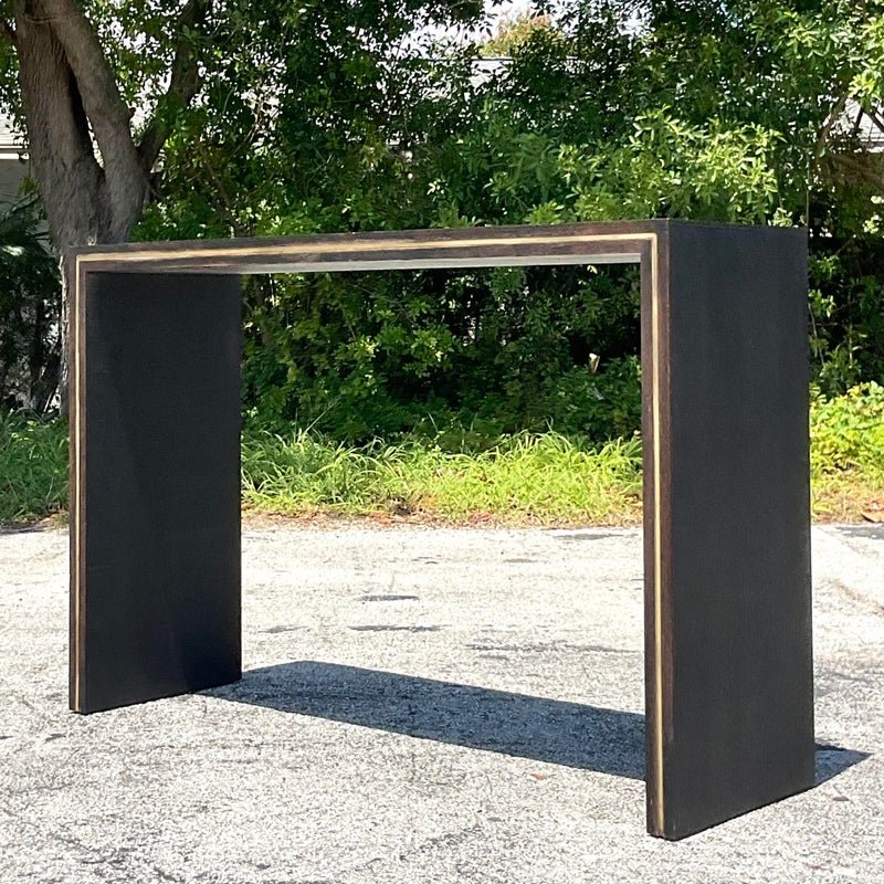 Mid 20th Century Vintage Contemporary Custom Brass Inlay Console Table - Detail view