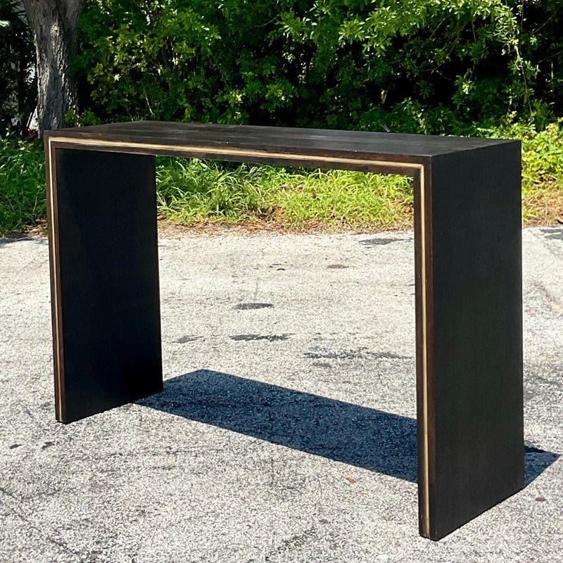 Mid 20th Century Vintage Contemporary Custom Brass Inlay Console Table - Side view