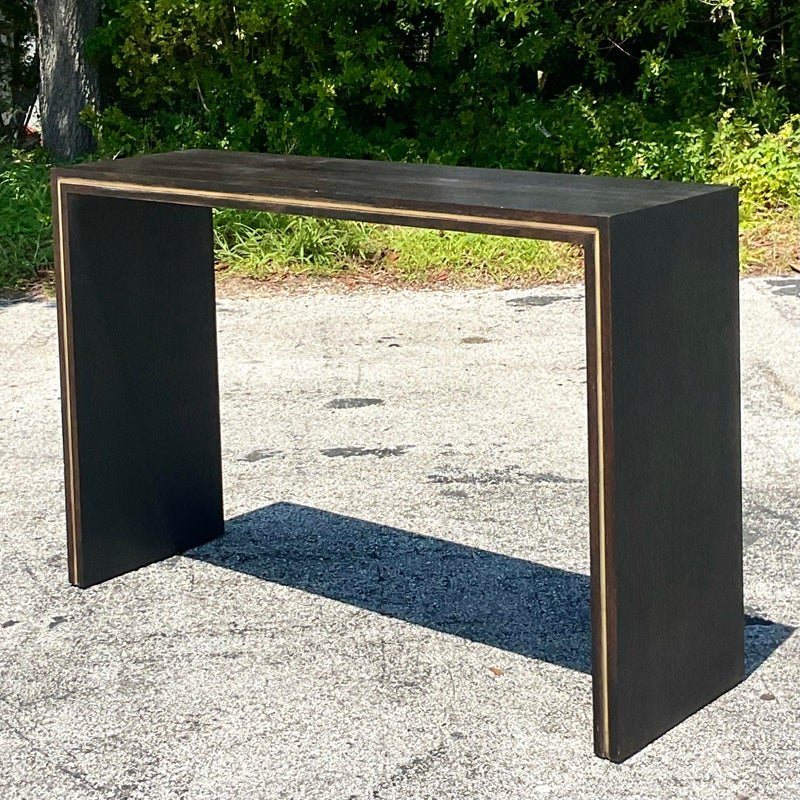 Mid 20th Century Vintage Contemporary Custom Brass Inlay Console Table - Back view