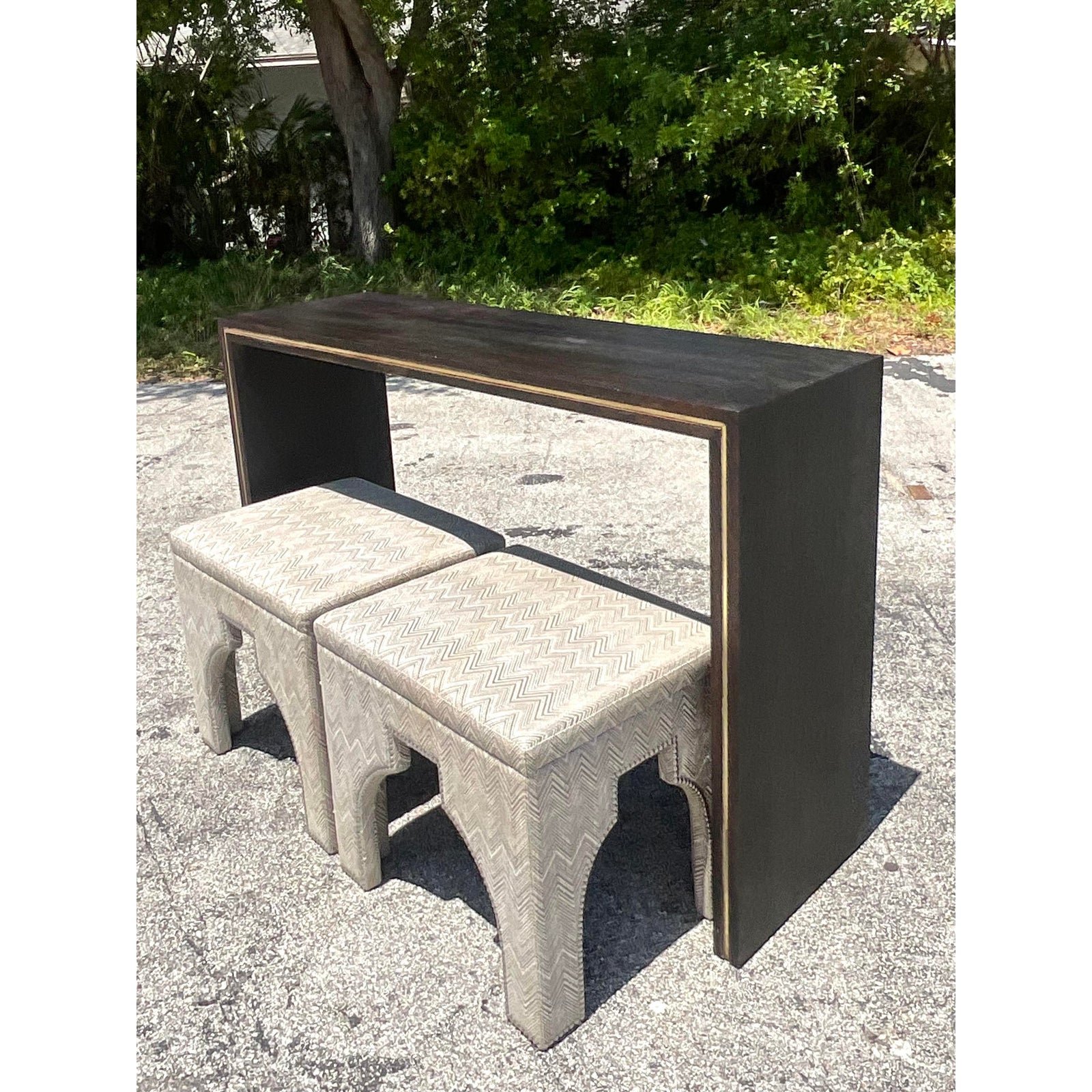 Mid 20th Century Vintage Contemporary Custom Brass Inlay Console Table - Top view