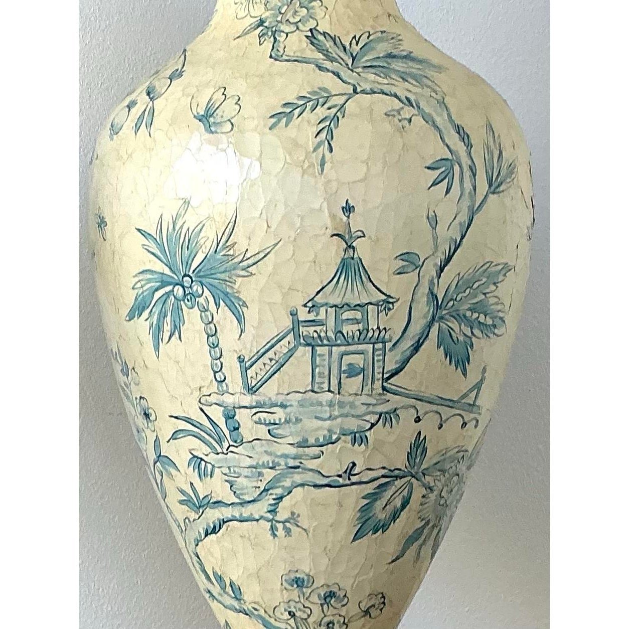 Vintage Crackle Finish Blue Willow Urns - A Pair - Top view
