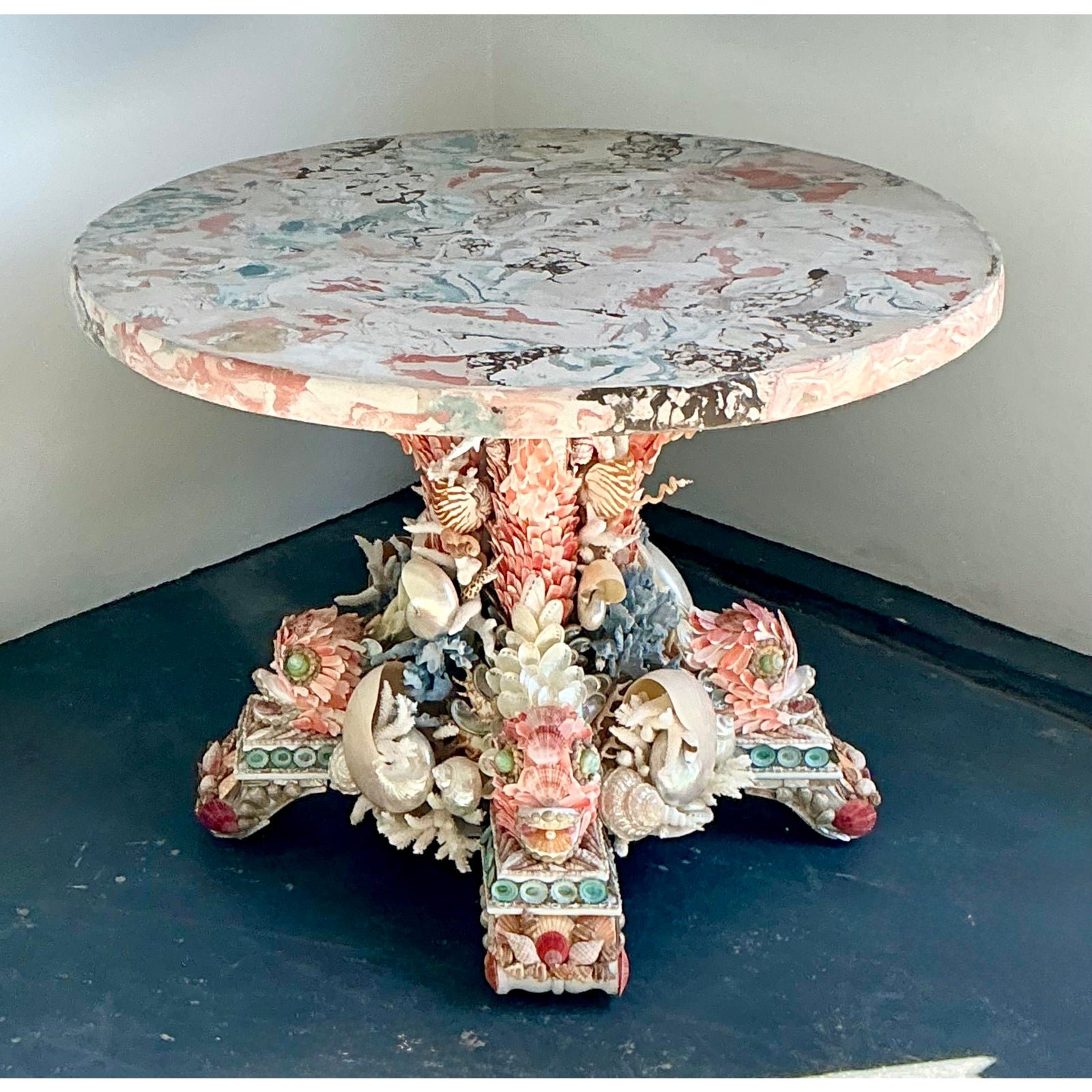 Vintage Hand Made Shell Table With Custom Scagliola Top - Detail view
