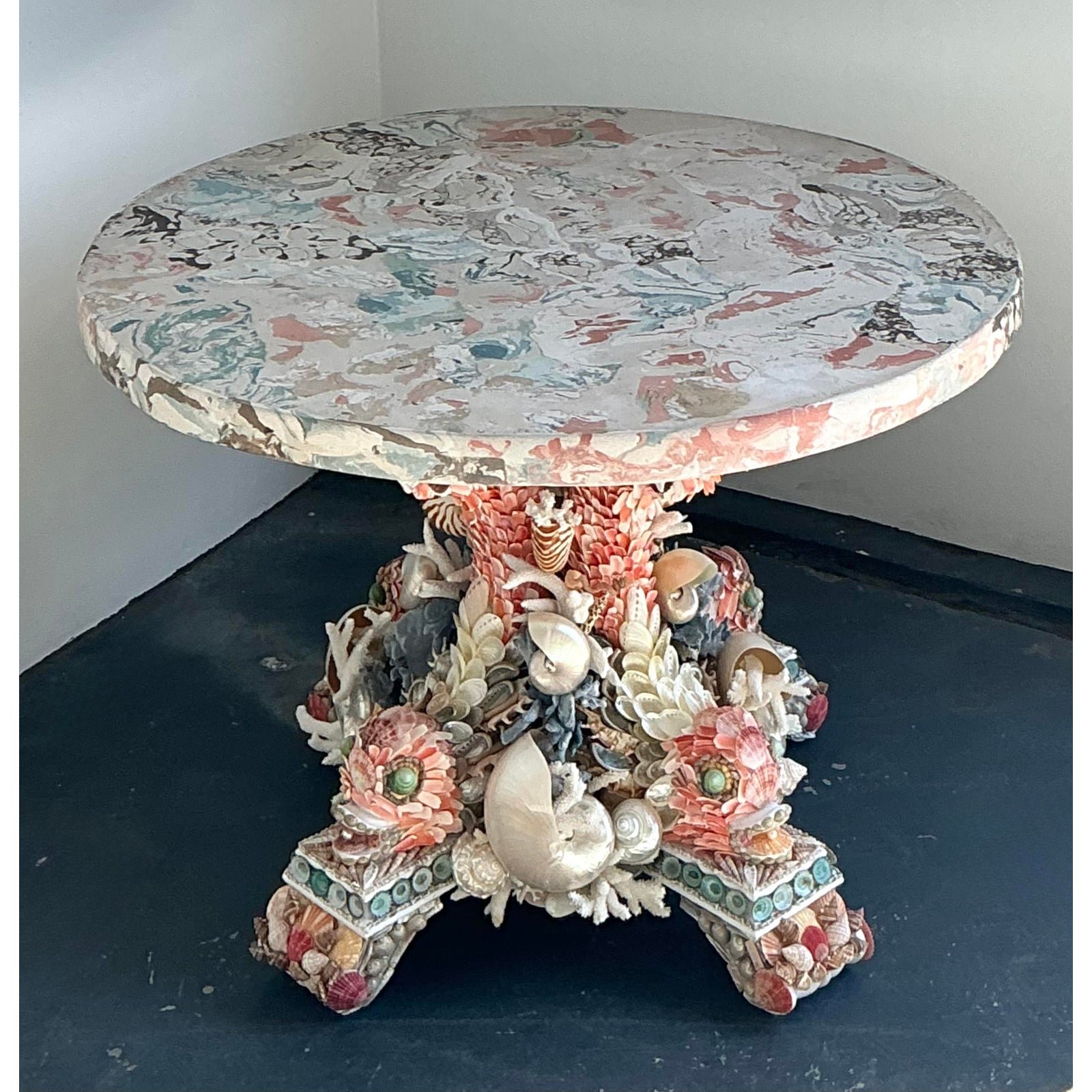 Vintage Hand Made Shell Table With Custom Scagliola Top - Side view