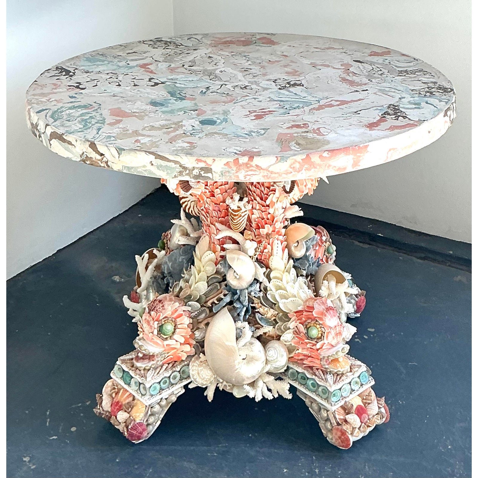Vintage Hand Made Shell Table With Custom Scagliola Top - Back view