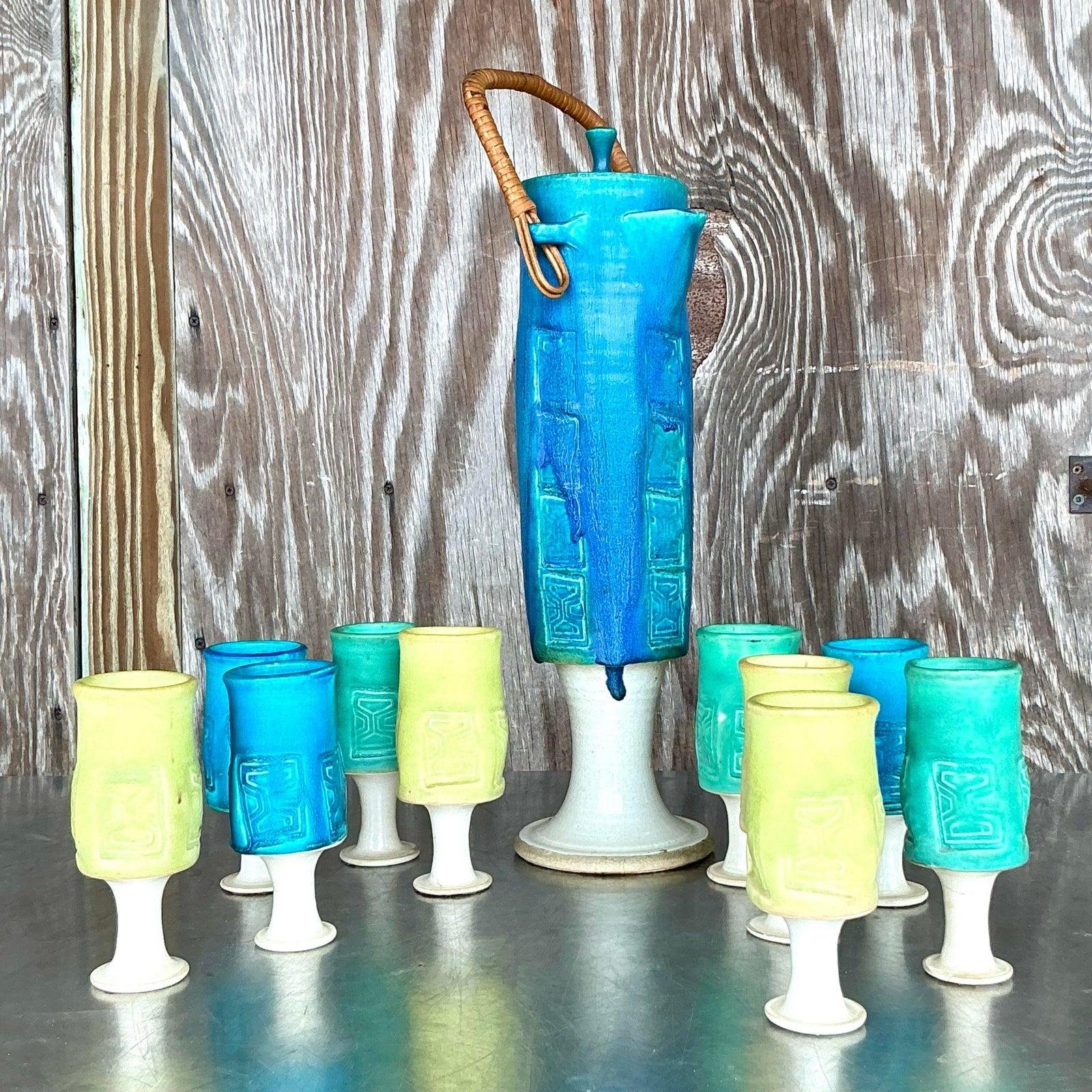 Vintage Mid-Century Modern Studio Pottery Pitcher Set- 11 Pieces - Detail view