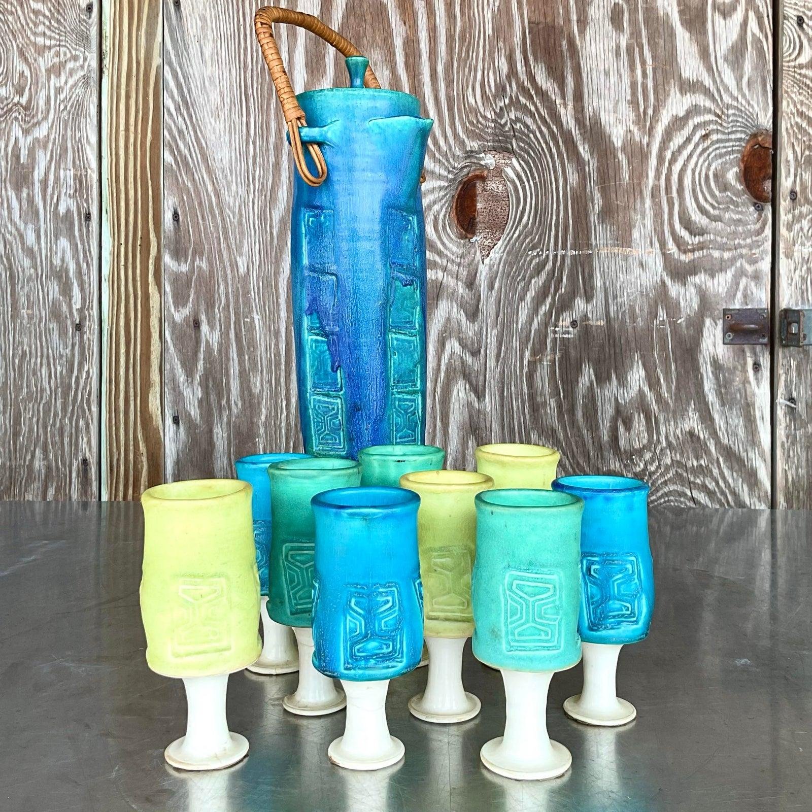 Vintage Mid-Century Modern Studio Pottery Pitcher Set- 11 Pieces - Top view