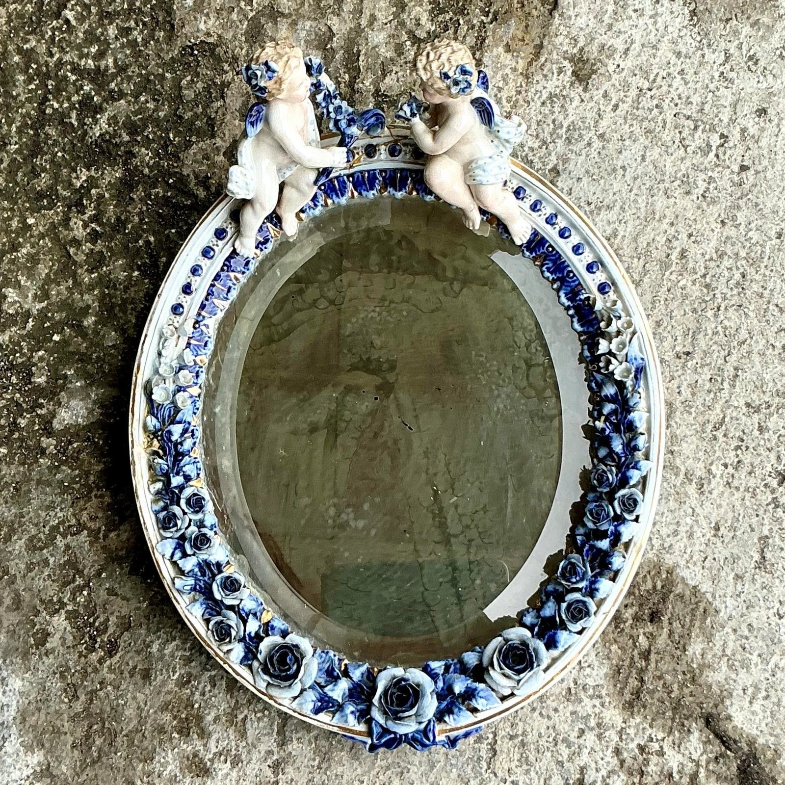 Vintage Boho Glazed Ceramic Putti Cherub Mirror - Detail view