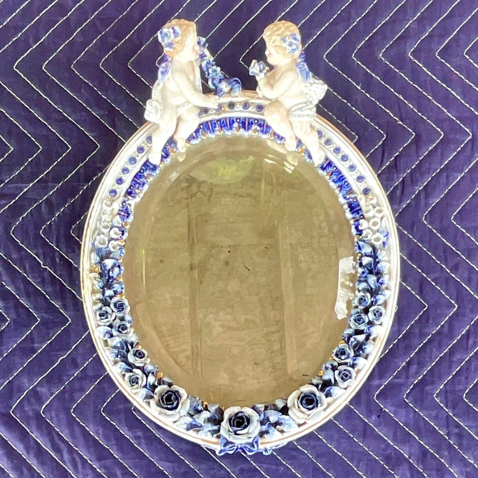 Vintage Boho Glazed Ceramic Putti Cherub Mirror - Side view