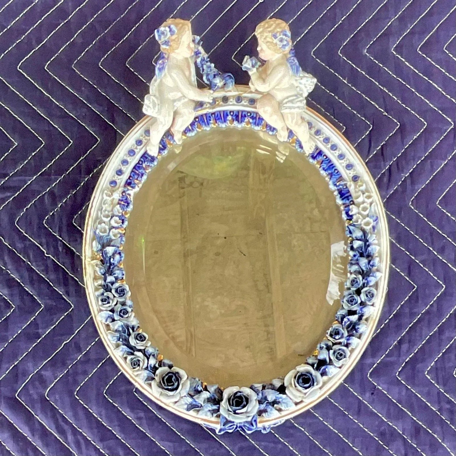 Vintage Boho Glazed Ceramic Putti Cherub Mirror - Back view