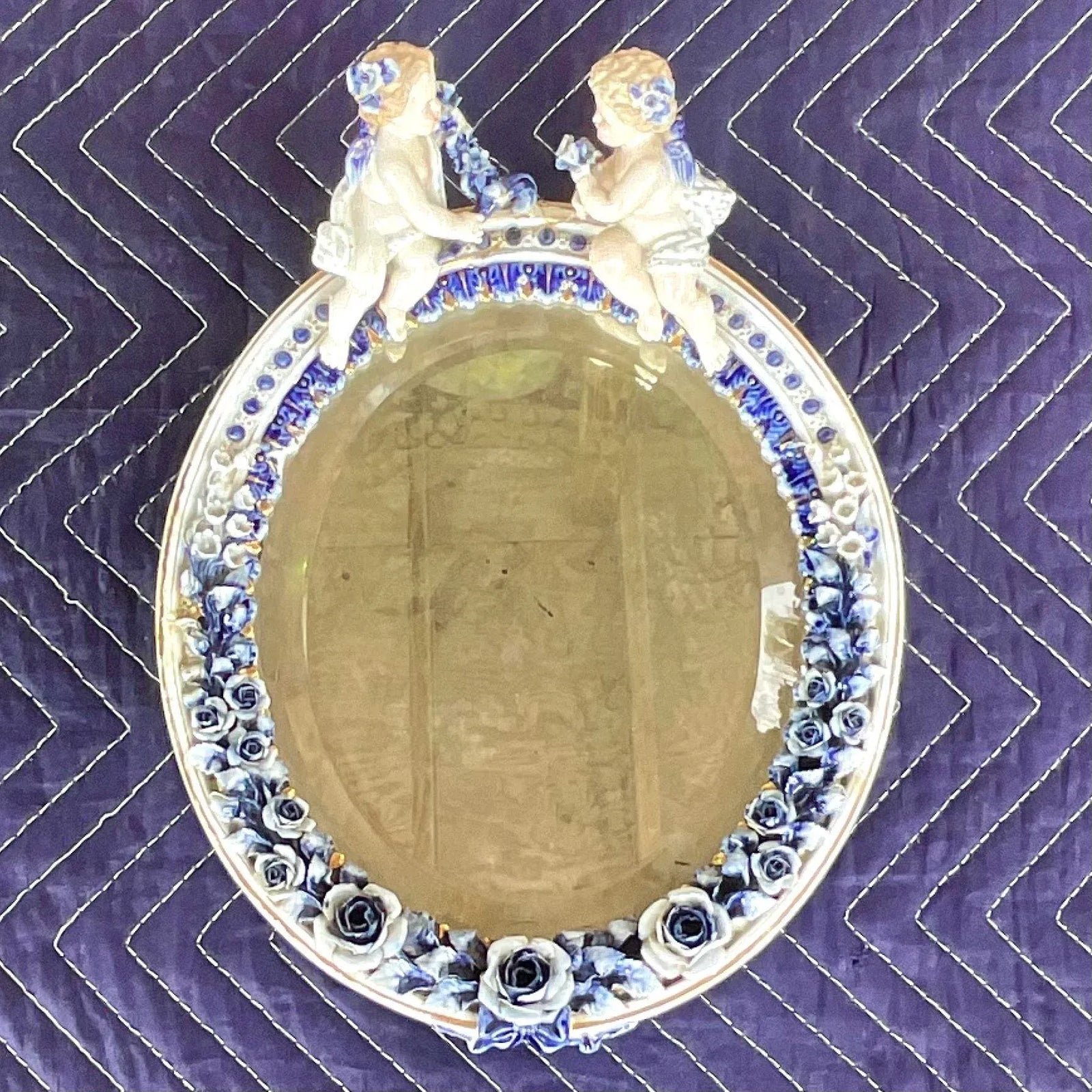 Vintage Boho Glazed Ceramic Putti Cherub Mirror - Top view