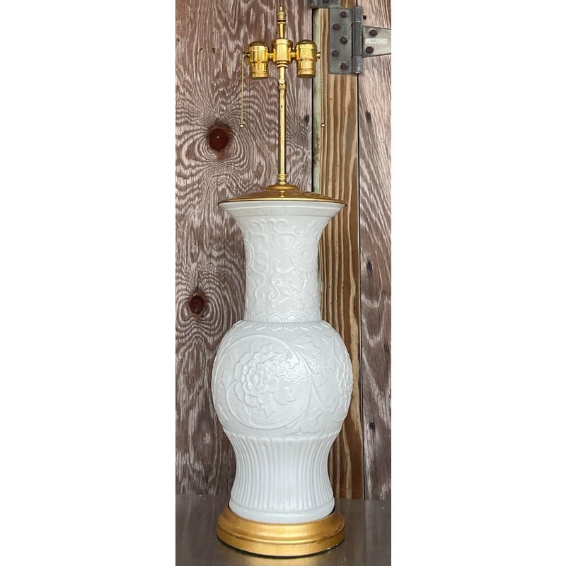 Vintage Regency Blanc De Chine Glazed Ceramic Lamp - Side view