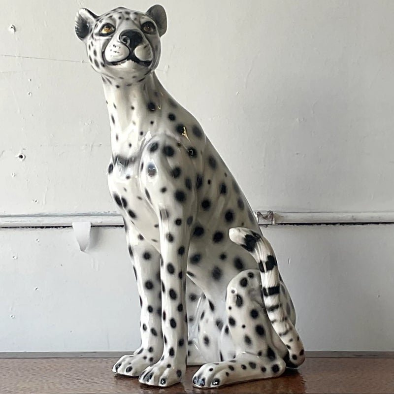 Vintage Boho Italian Glazed Ceramic Cheetah - Detail view