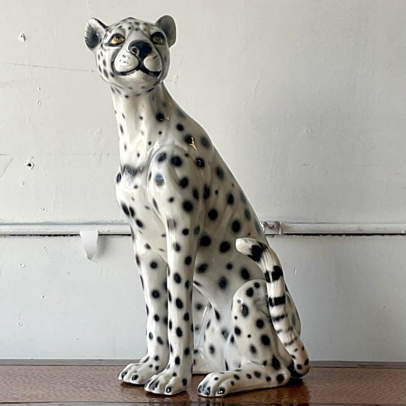 Vintage Boho Italian Glazed Ceramic Cheetah - Side view
