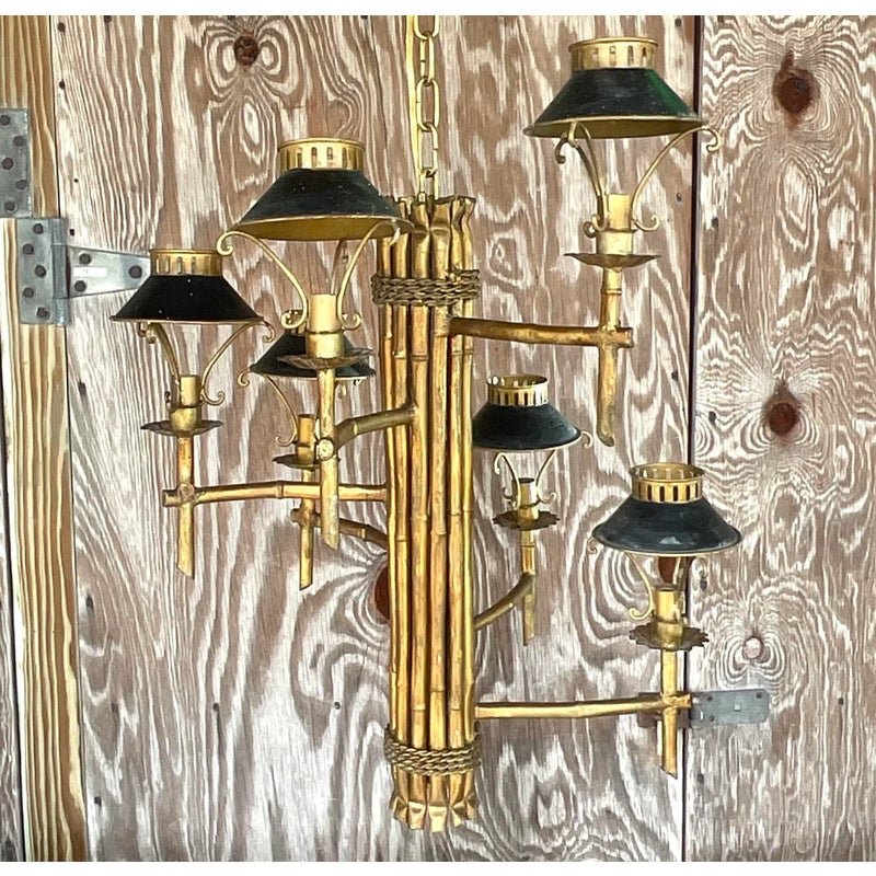 Vintage Late 20th Century Regency Gilt Bamboo Spiral Chandelier - Side view