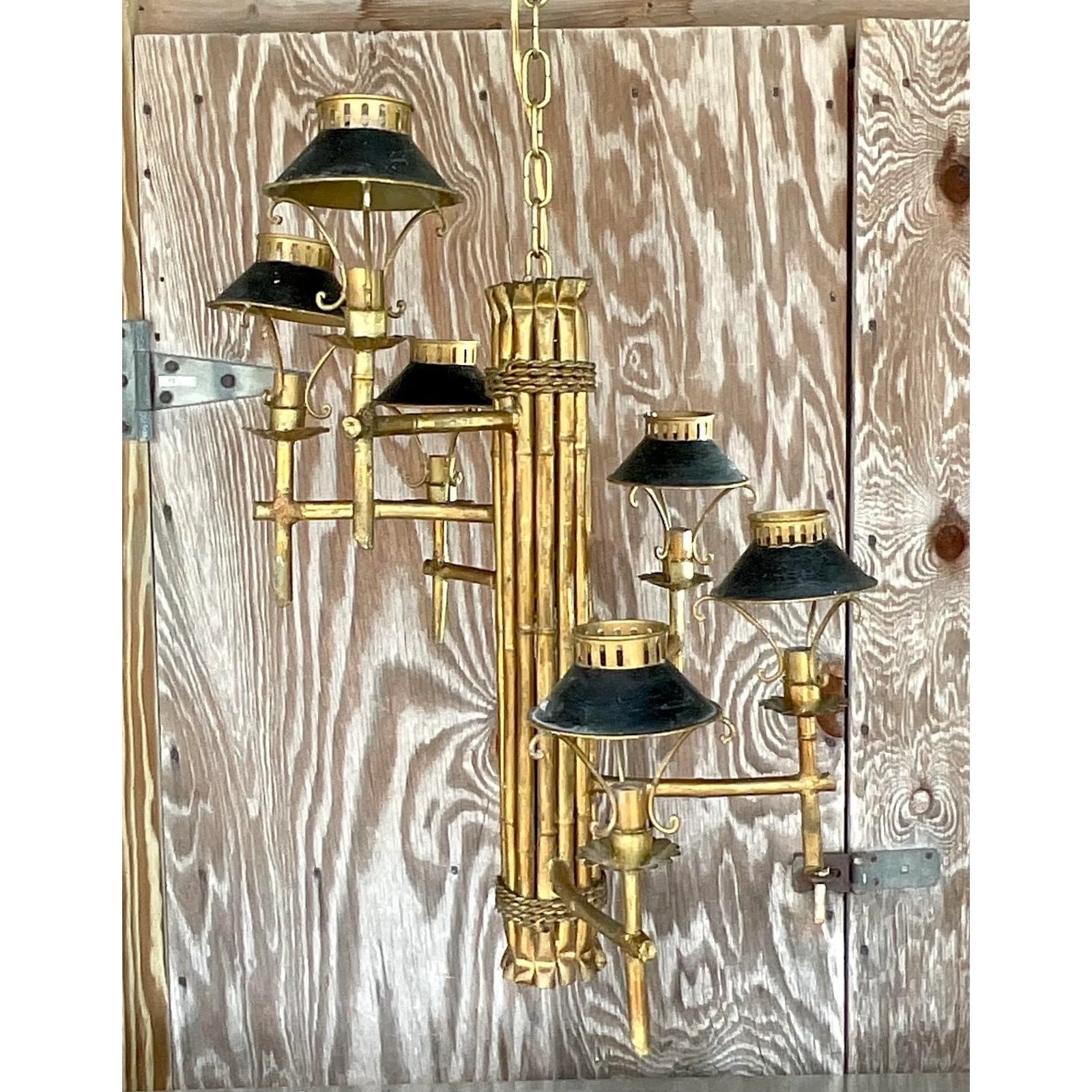 Vintage Late 20th Century Regency Gilt Bamboo Spiral Chandelier - Back view