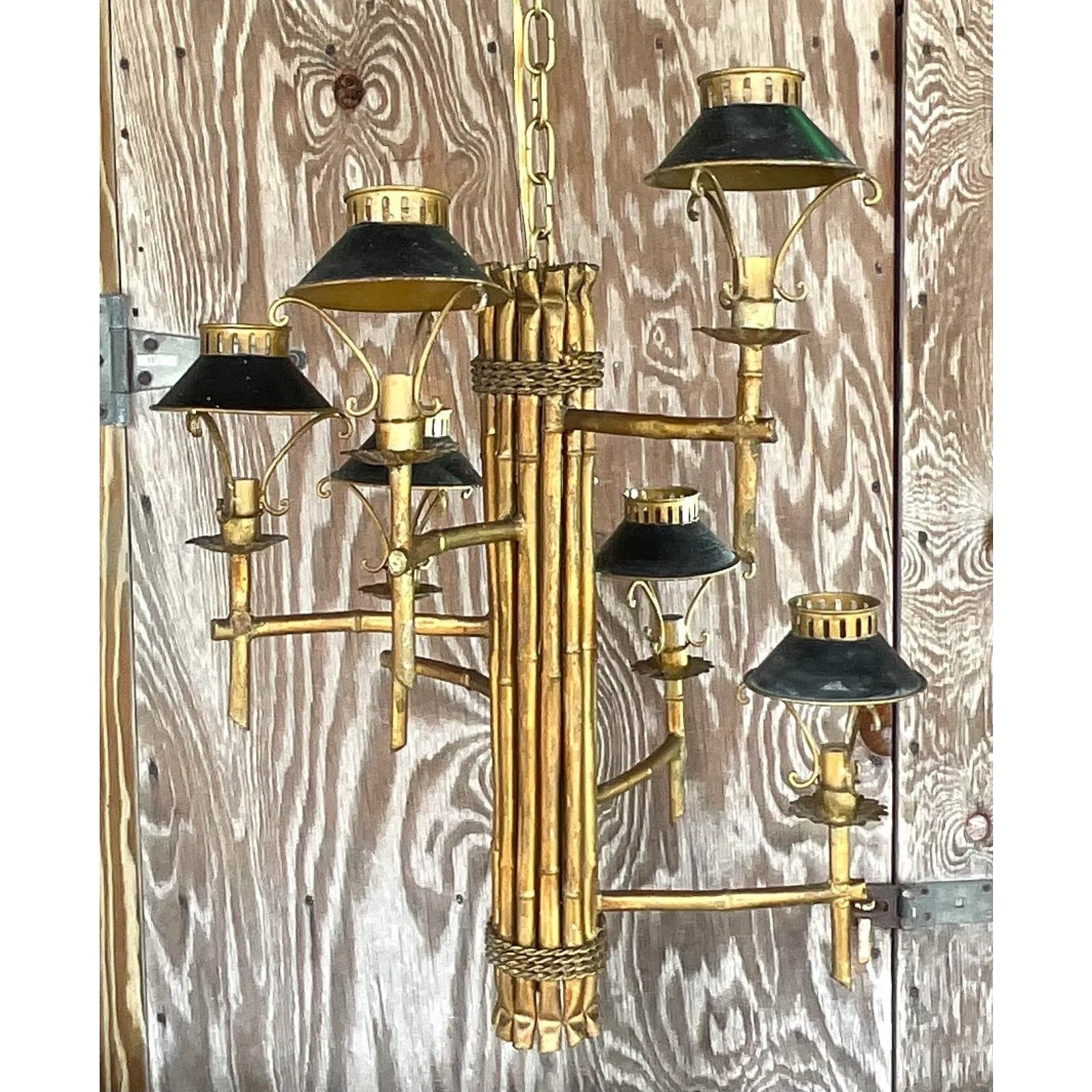 Vintage Late 20th Century Regency Gilt Bamboo Spiral Chandelier - Top view