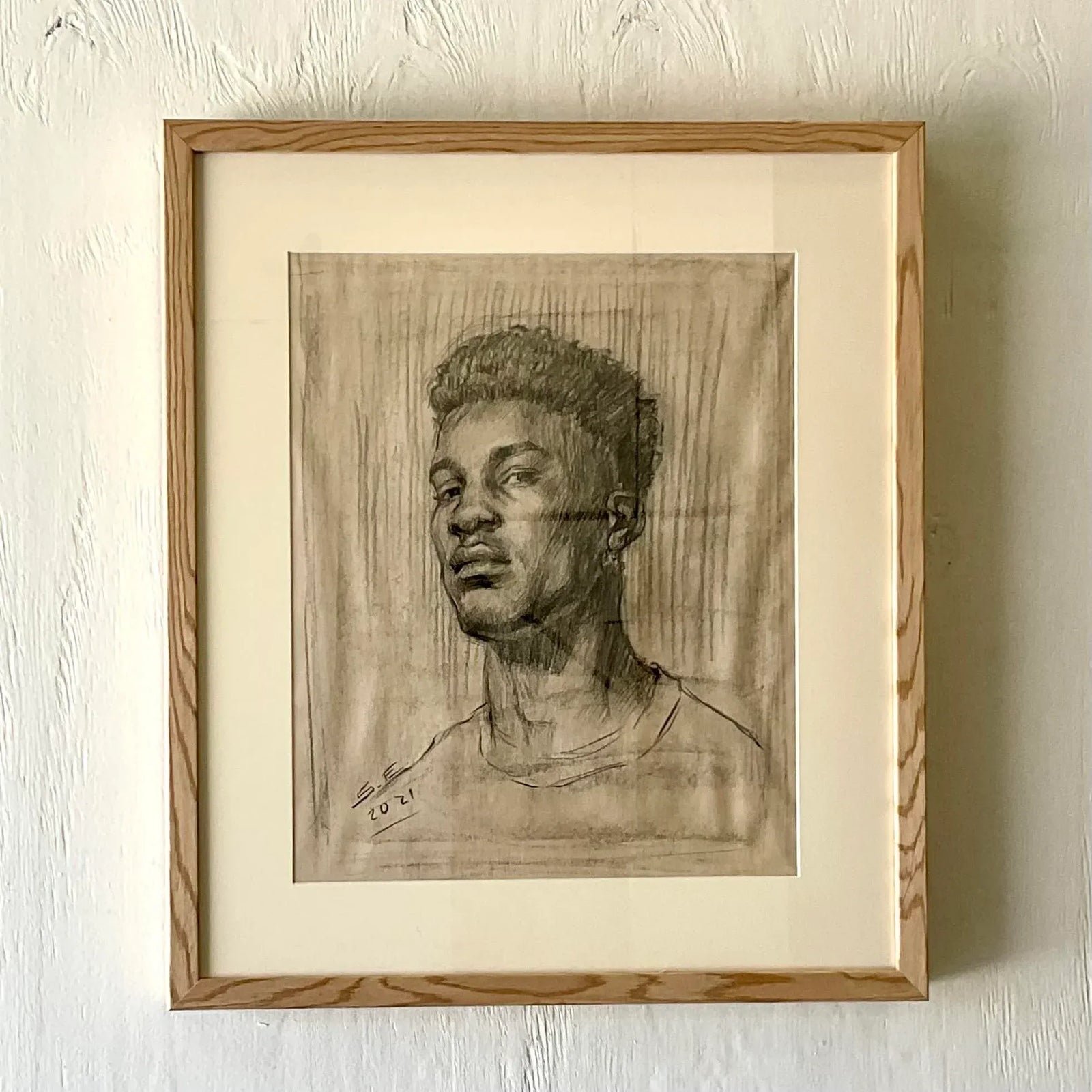 Vintage Portrait Original Pencil Drawing of a Young Man - Detail view