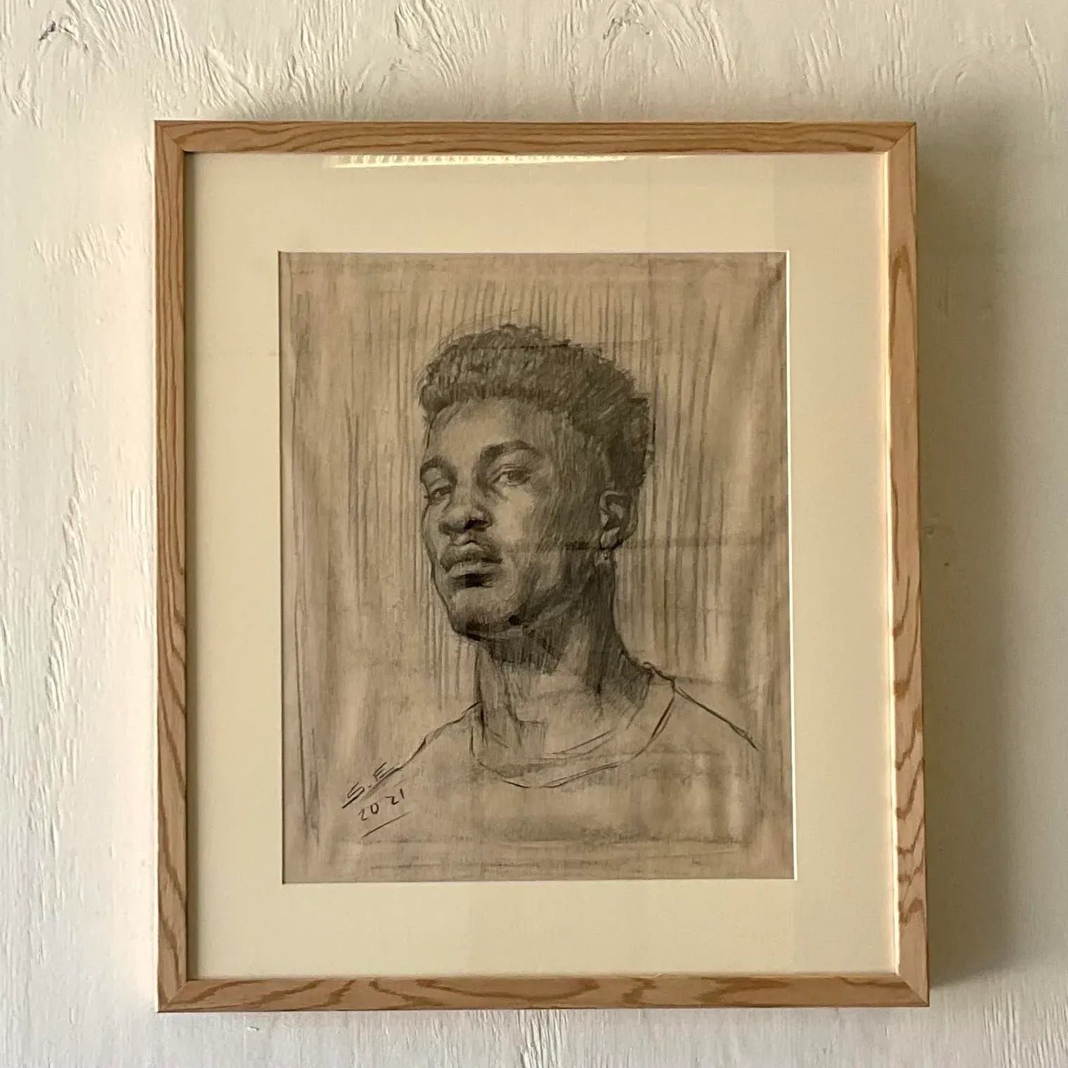 Vintage Portrait Original Pencil Drawing of a Young Man - Back view