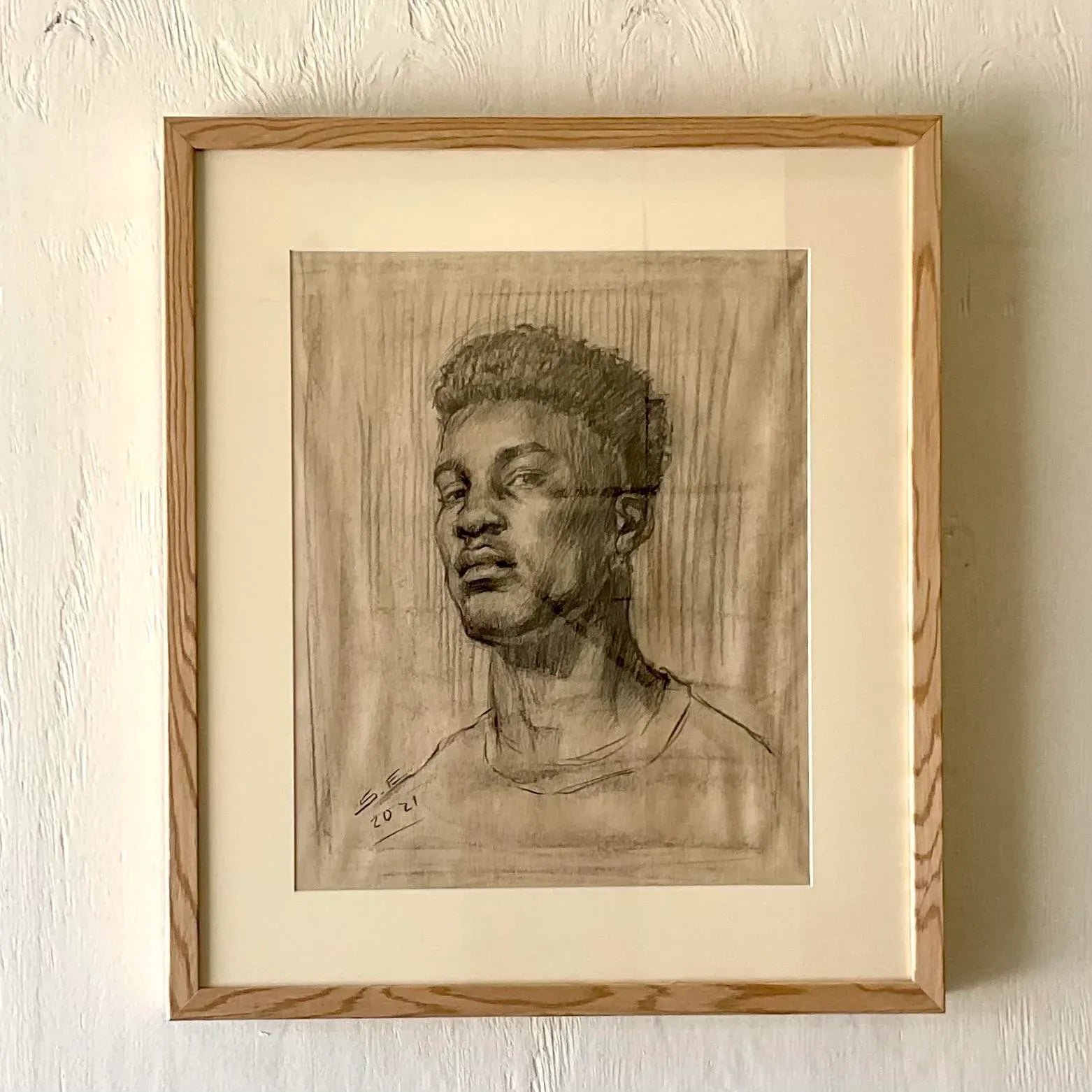 Vintage Portrait Original Pencil Drawing of a Young Man - Top view