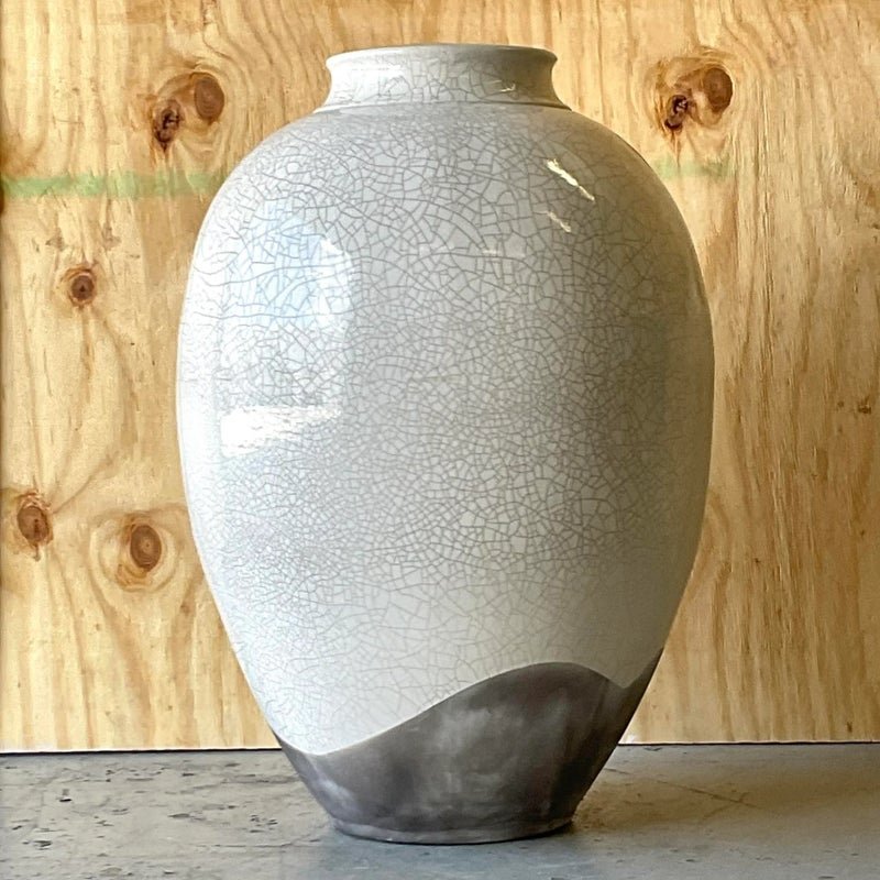 Vintage Boho Crackle Glaze Raku Floor Vase - Detail view