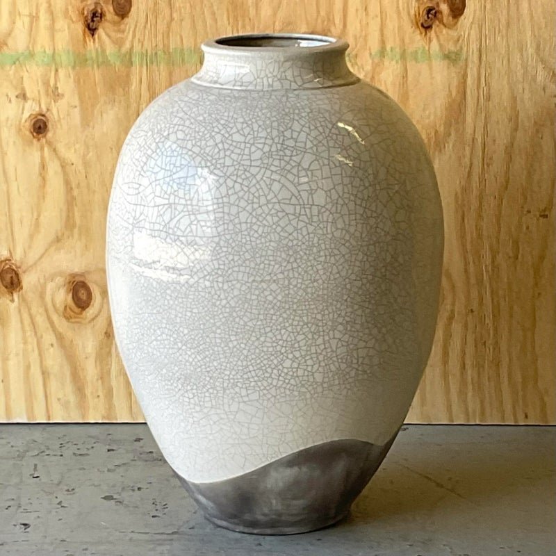 Vintage Boho Crackle Glaze Raku Floor Vase - Side view